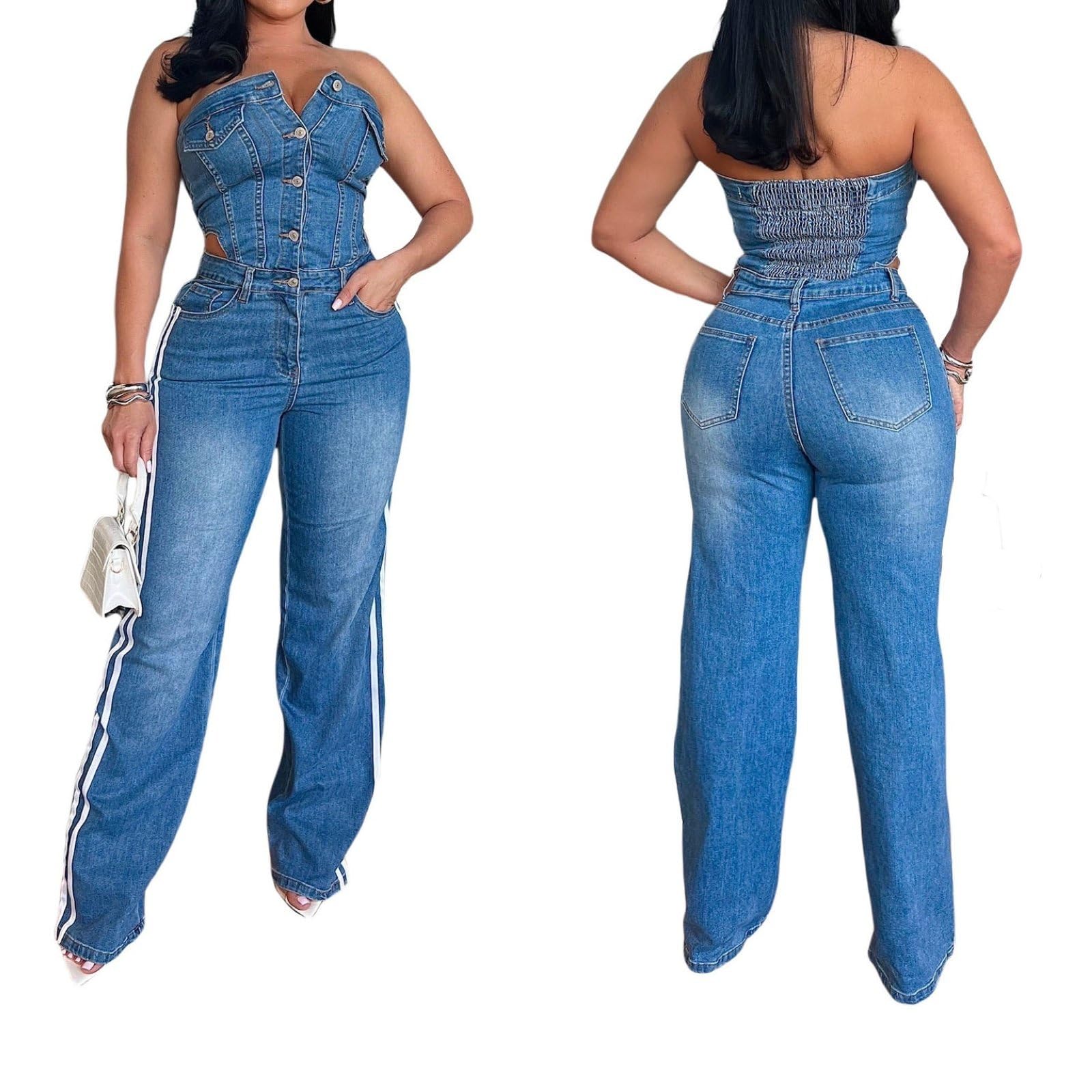 Damskie dżinsowe kombinezony zapinane na guziki Hollow Tube Top W paski Pełnej długości Jeans Pajacyki