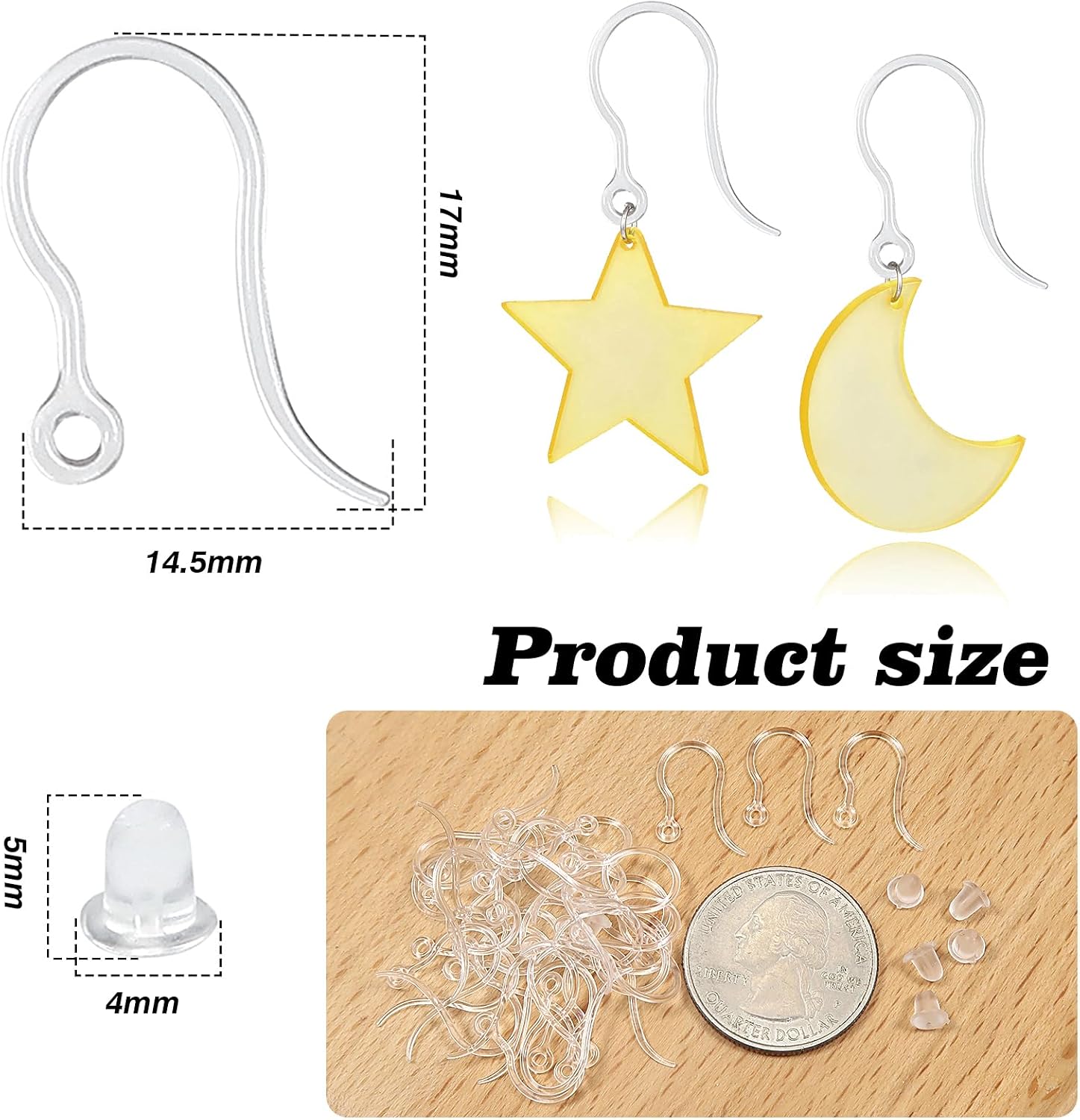 TOAOB 50pcs Clear Plastic Earring Hooks Ear Wires 14.5x17mm Earrings Components with Earring Backs Jewelry Findings for DIY Earrings Making