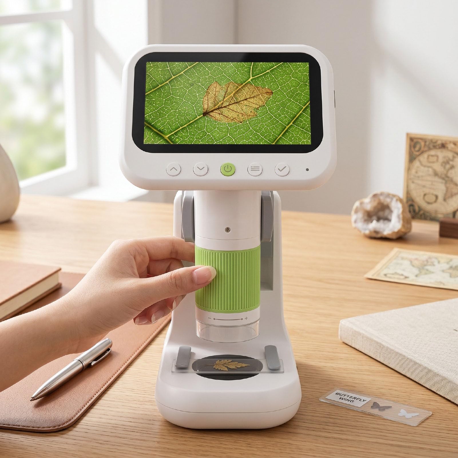 Jectse Digitales Mikroskop, Hand-USB-Mikroskop, 2-in-1-, 50- Bis 500-fache Vergrößerung, 4,3-Zoll-1080P-LCD-Dual-LED-Licht mit 5 Objektträgern, 8-GB-Karte für Studenten und