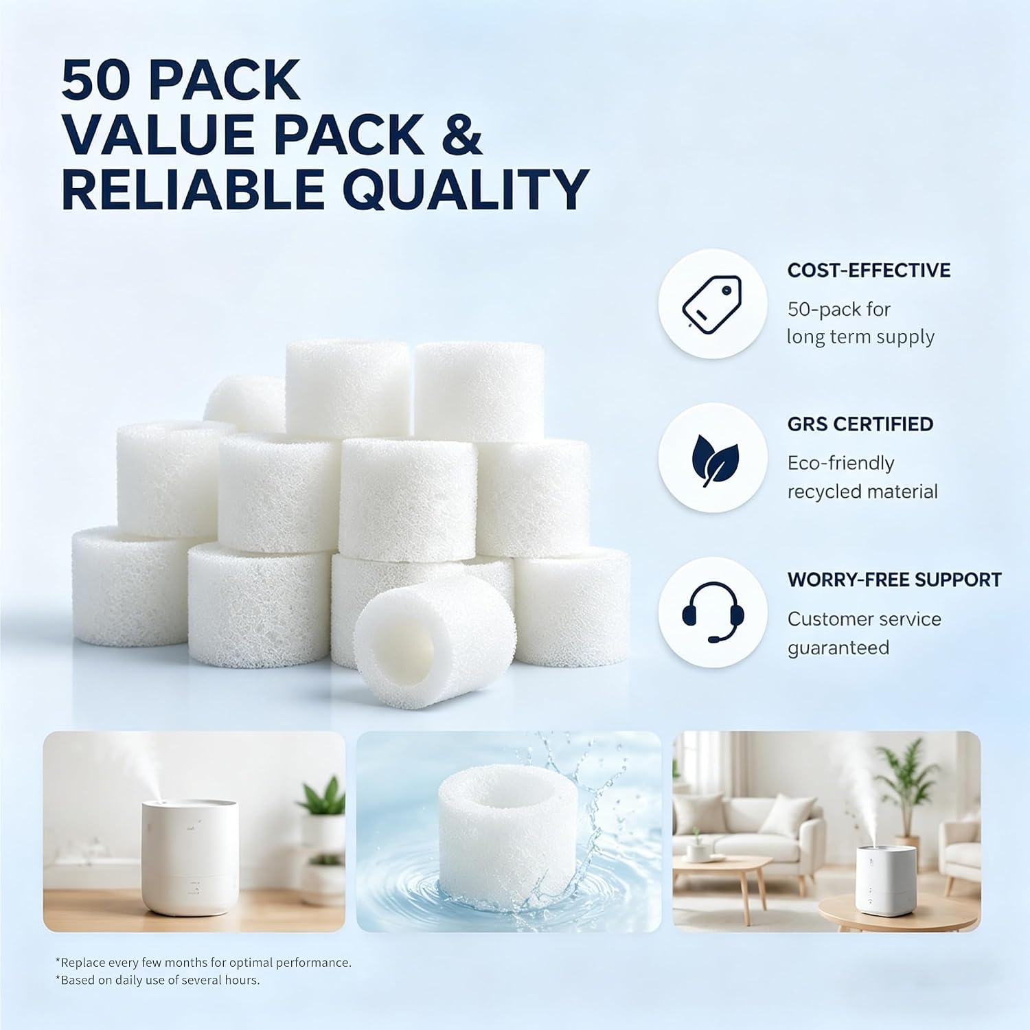 50-Pack Top Fill Humidifier Replacement Filters Compatible with Levoit Humidifier Models Classic160, Dual150, Dual200S, Classic300S, LV600S, OasisMist 450S, Superior 6000S