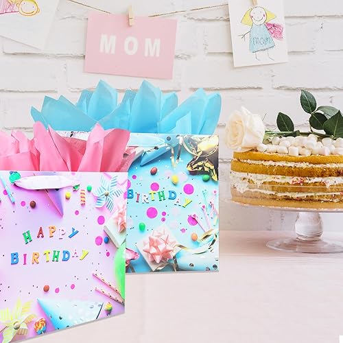 Miniatura 4 de Juego de 2 bolsas grandes de regalo de cumpleaños de 13 pulgadas con papel de seda y tarjeta, perfectas para bolsas de regalo para bebés, niños,