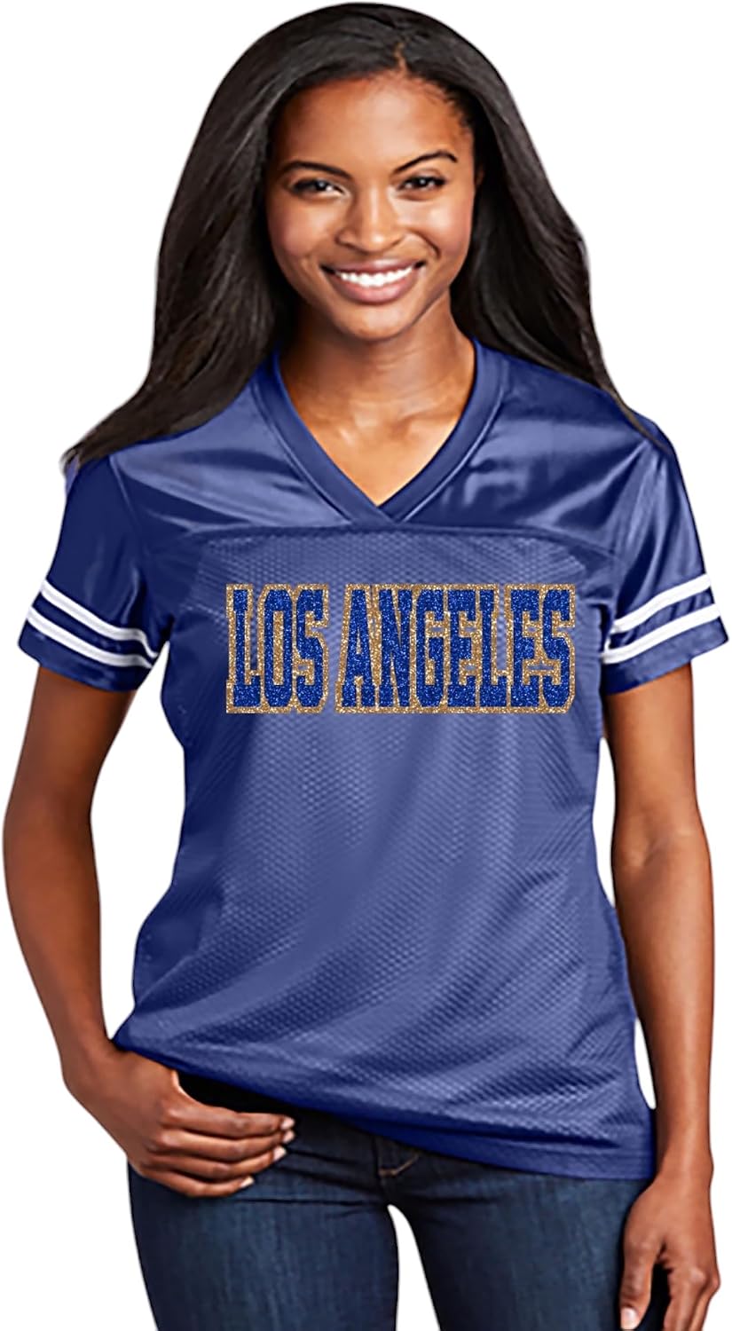 Los Angeles Glitter Football Jersey, LA Cute Playoff Shirt, Personalized with Your Team Name or School for Any Sports, Ladies, Moms