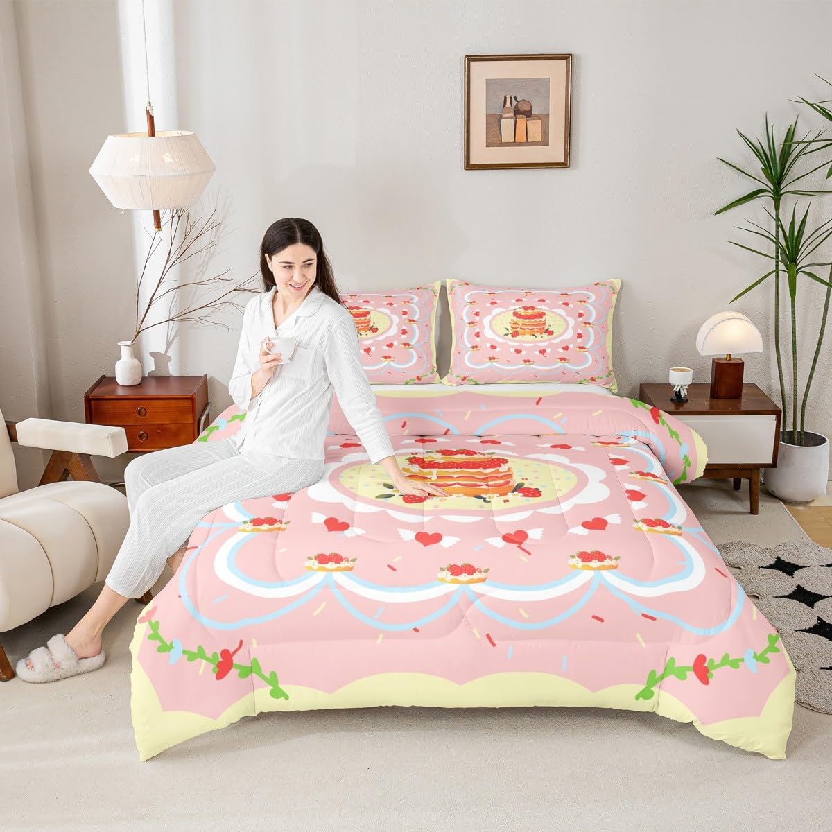Strawberry Cake Comforter Set King Size,Dessert Cake Bedding Sets 3Pcs for Kids Girls Boys Women Room Decor,Cute Love Bow Print Quilted Duvet Kawaii Pink Down Comforter,2 Pillowcases