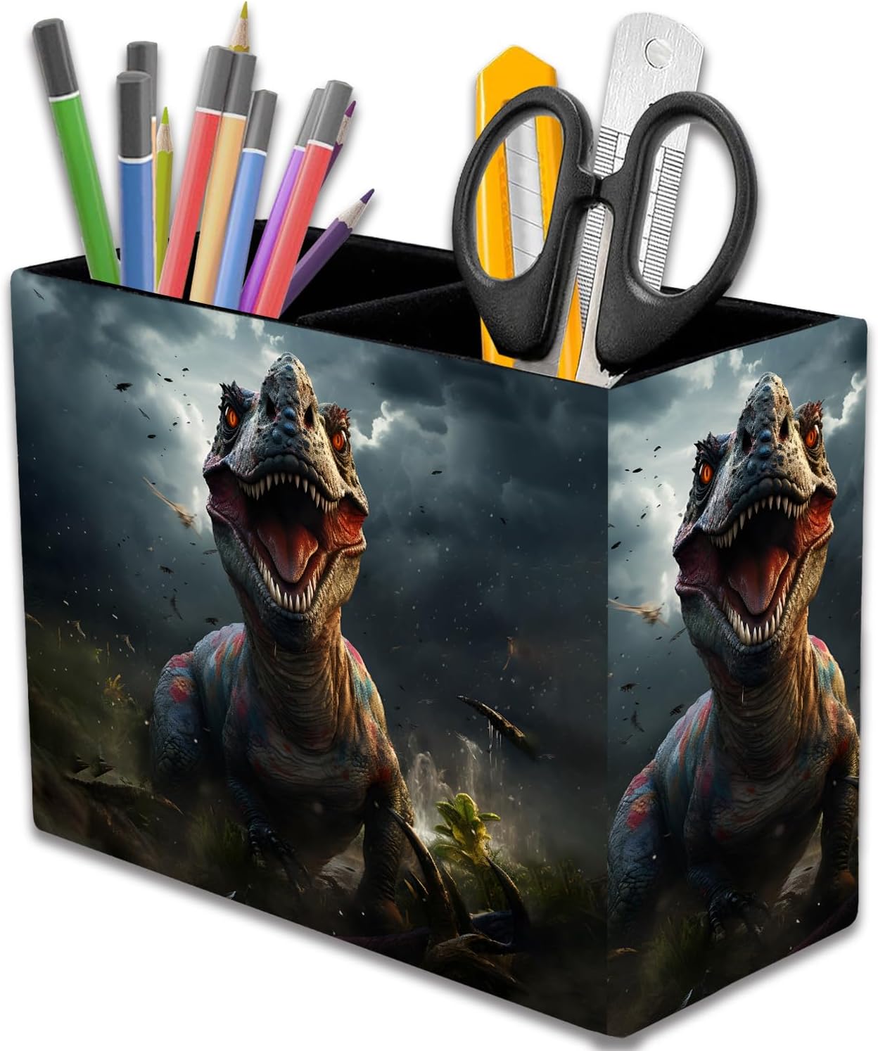 Pen Holder, 2 Compartment Leather Pen Storage Boxes, Makeup Brush Storage Box, Suitable for Office and Home Desk Accessory Storage - Dinosaur