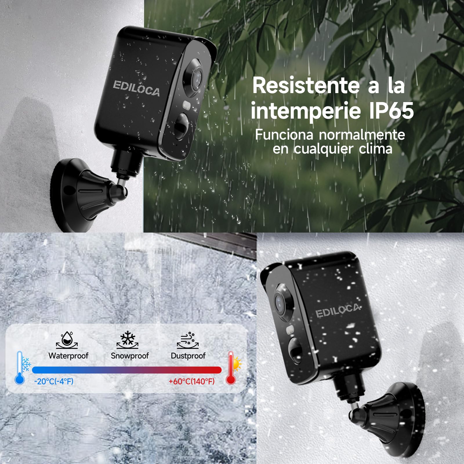 Ediloca Camara Vigilancia WiFi Exterior, Cámara de Vigilancia 2K 3MP con Rotación Horizontal de 300°, Batería Recargable, Detección Humana PIR, Visión Nocturna en Color, Audio Bidireccional, Sirena