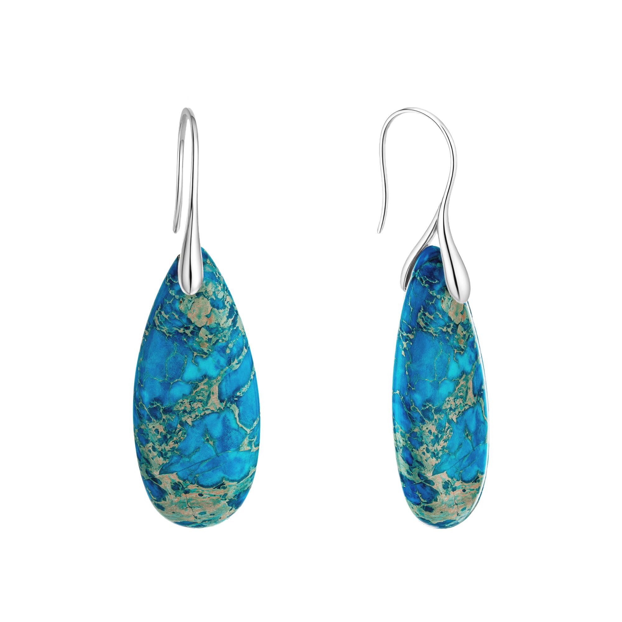 925 Sterling Silver Natural Imperial Jasper Dangle Drop Earrings, Waterdrop Shape, Boho Style