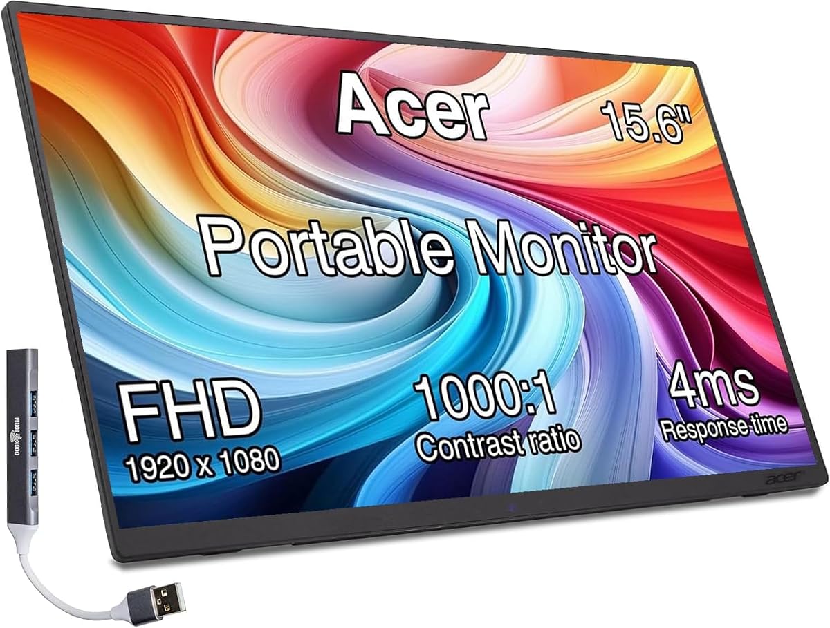 Acer 15.6" Portable USB-C IPS Monitor with Tiltable Stand | 4ms Response Time, Anti-Glare, 250 nits Brightness, Built-in Speakers, Mini HDMI & Dockztorm USB Port Expander, Black Color