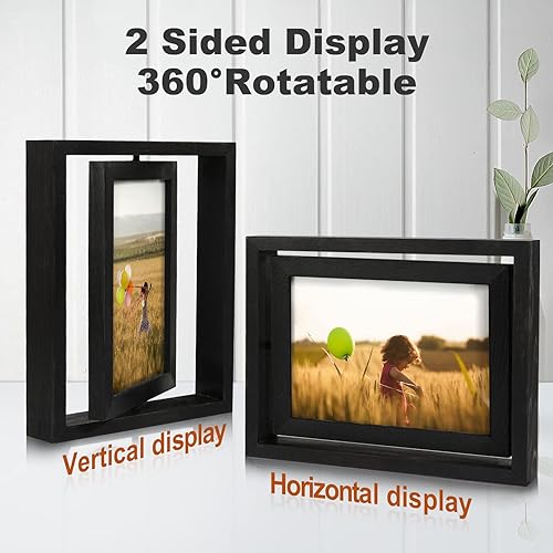 Miniatura 3 de Egofine Paquete de 2 portarretratos flotantes giratorios de 4 x 6, pantalla de doble cara con frente de vidrio HD, marco de madera envejecida para