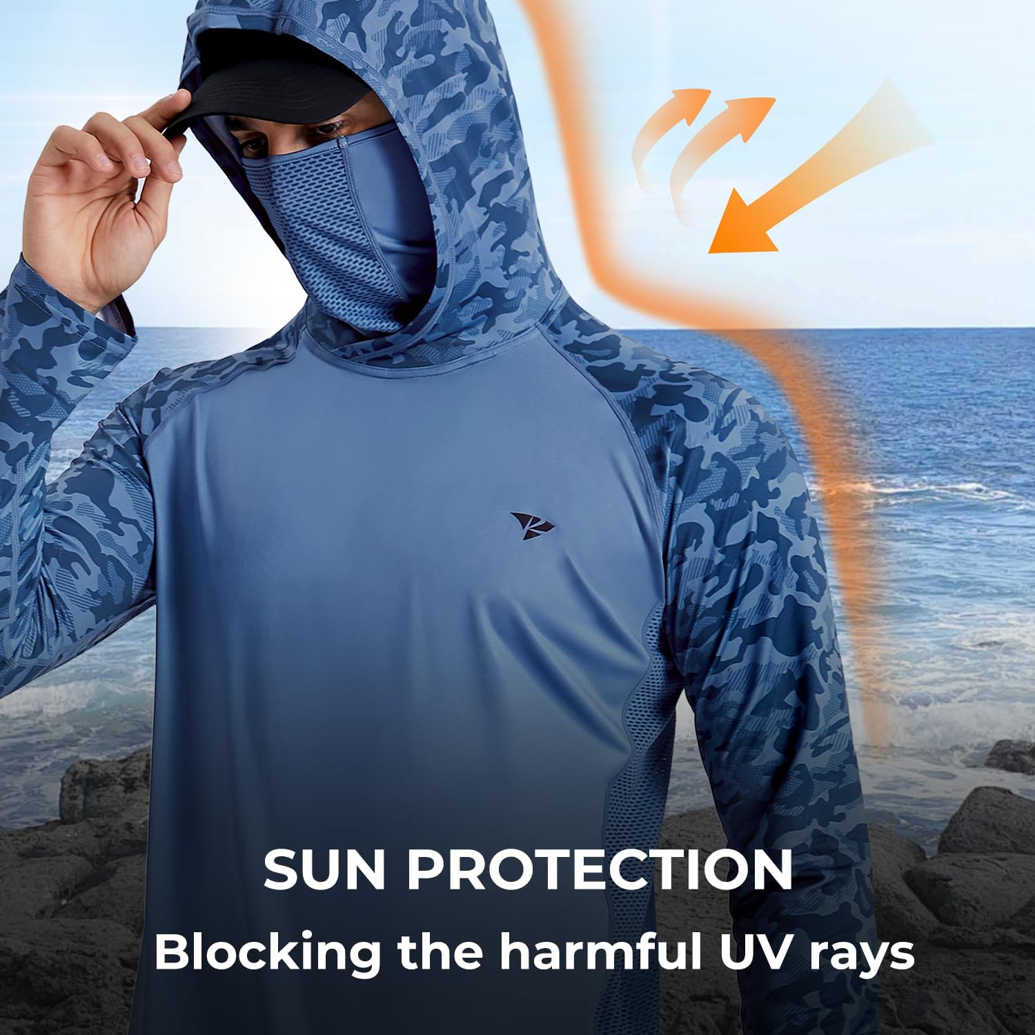 Rodeel UPF 50+ Men’s Long Sleeve Performance Fishing Hiking Sun Protection Shirt with Mask UV Neck Gaiter Hoodie