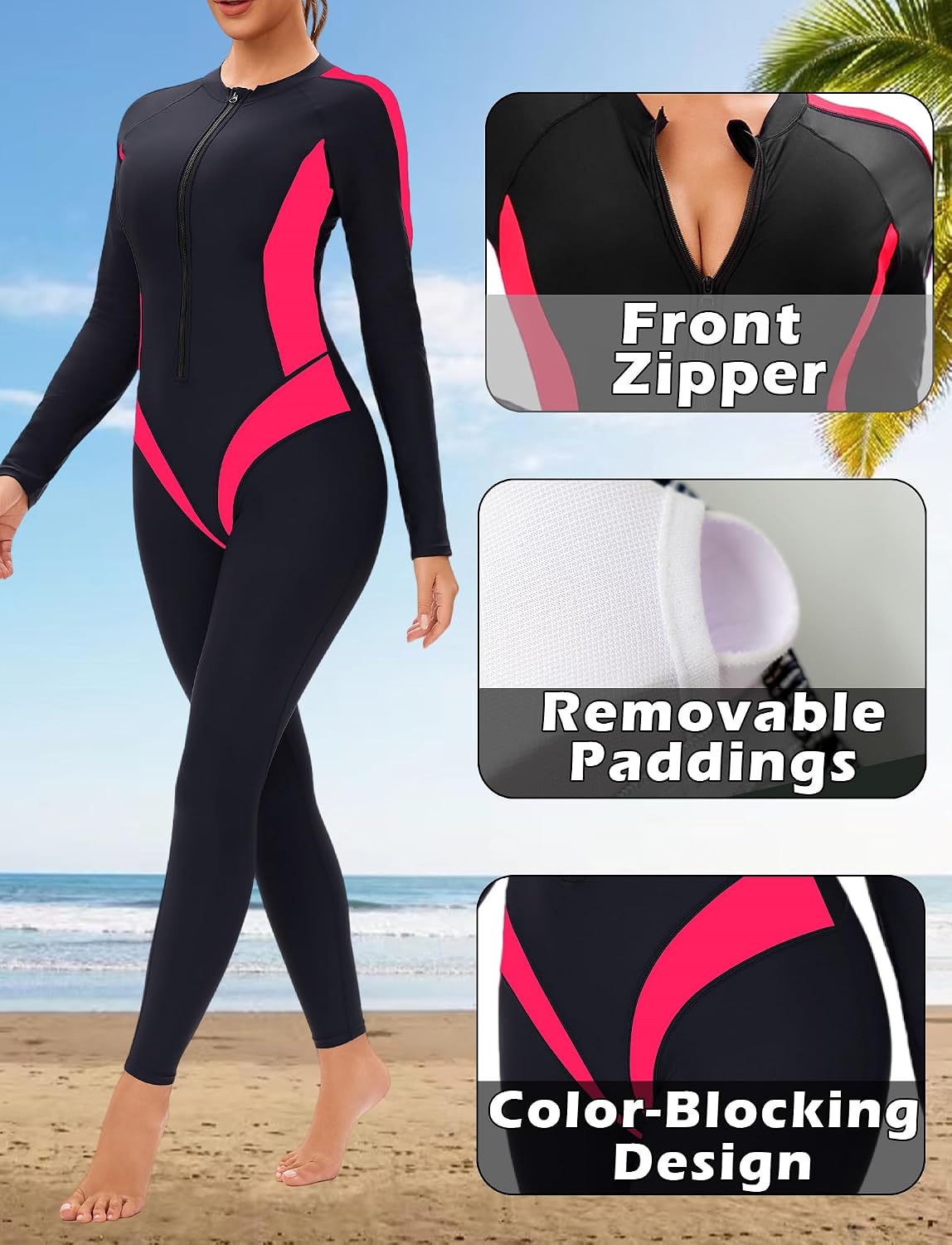 Womens Full Body Zip Front Rash Guard 50+ UPF Swimsuit Long Sleeve One Piece Bathing Suit with Built in Bra
