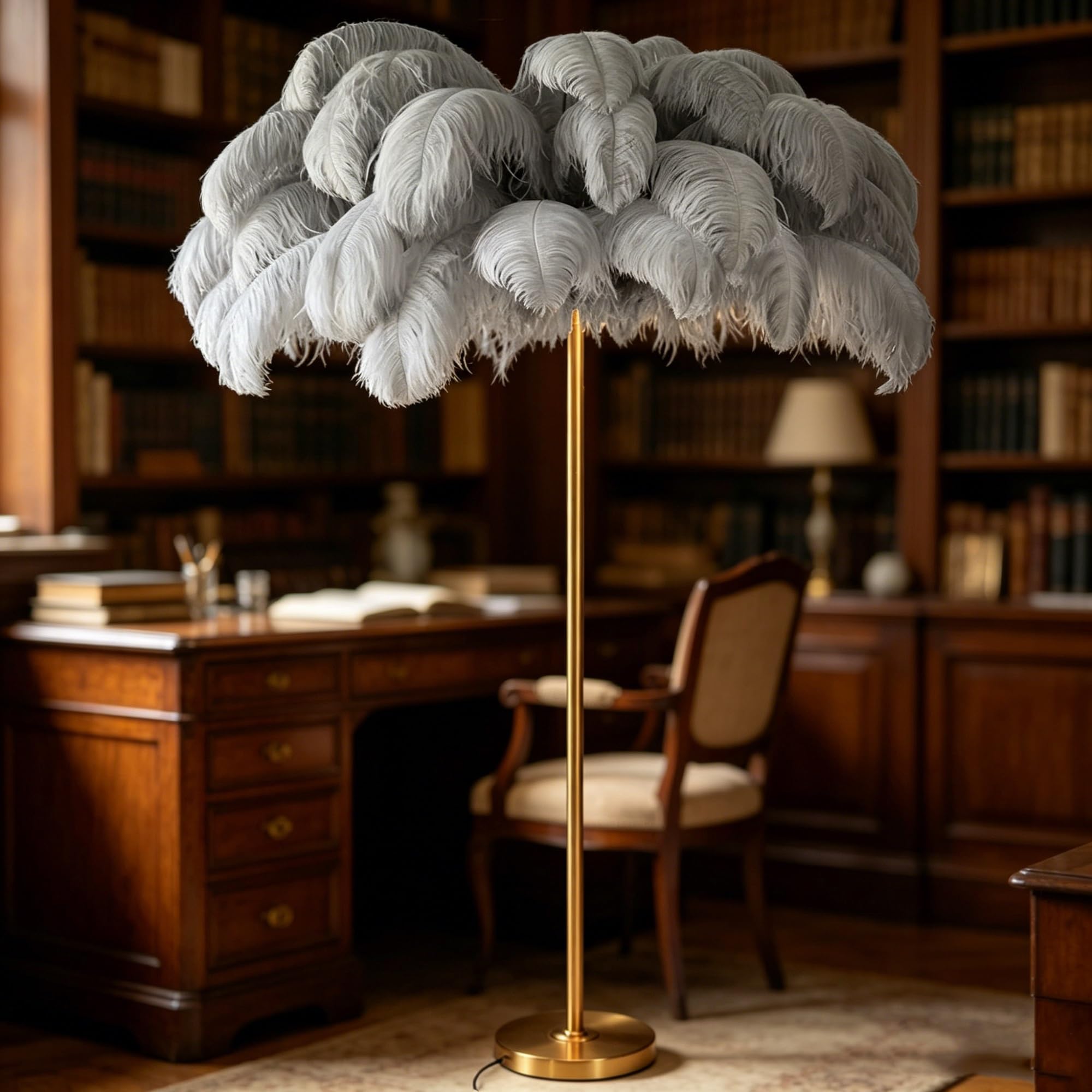 Decorative Fluffy Ostrich Feather Floor Lamp, Ambient Shade Lighting for Home Bedroom Living Space in Black White Optional Shades(Grey)