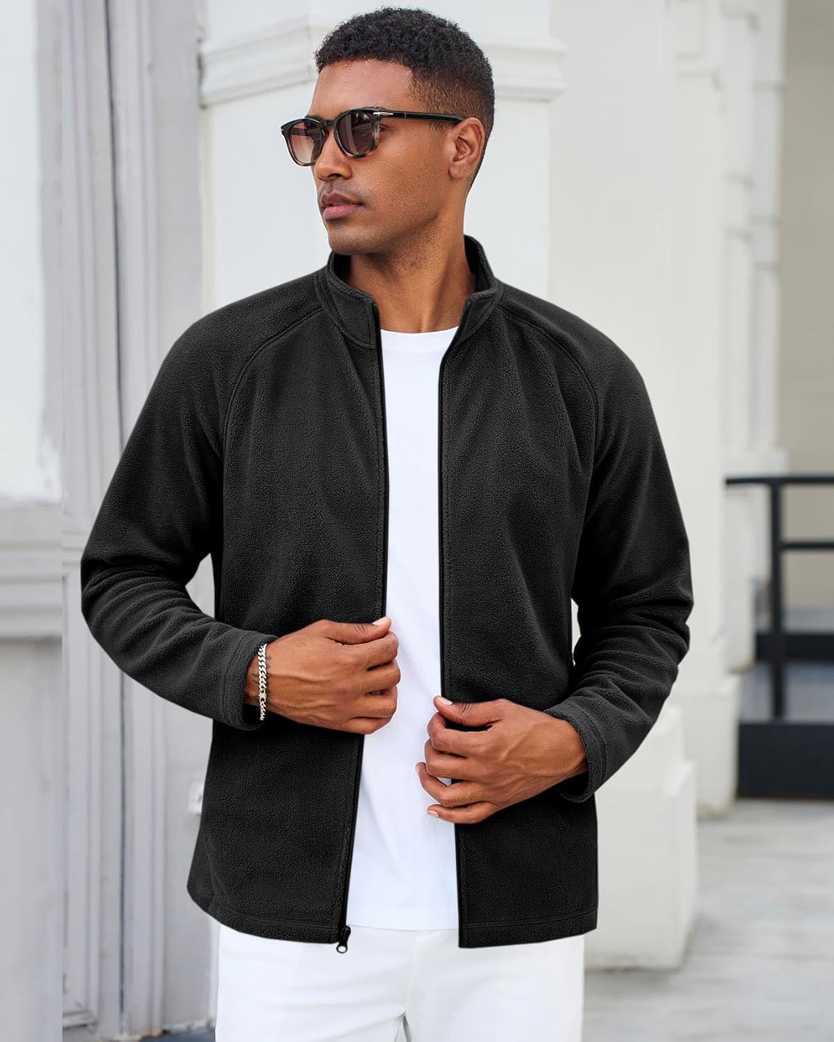 Runcati Mens Fleece Jacket Full Zip Lightweight Stand Collar Warm Jackets Casual Outdoor Windproof Coat with Pockets - Image 2