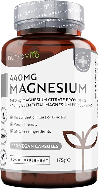 Super Strength Magnesium 1480mg 180 Vegan Magnesium Citrate Capsules not Magnesium Tablets High Absorption, Premium Magnesium Supplements 90 Days Supply Made in The UK by Nutravita