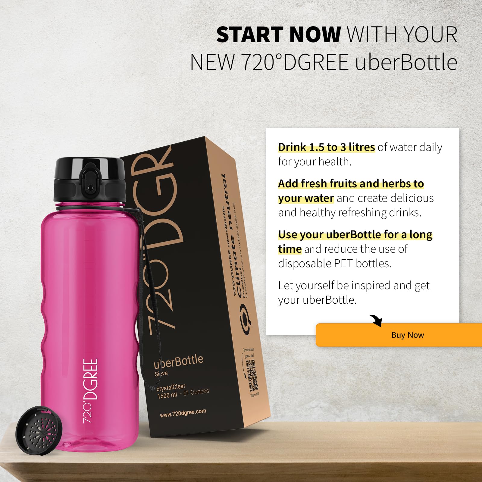 720°DGREE Water Bottle 1.5l “uberBottle“ crystalClear +Sieve, BPA-Free, Leakproof, Reusable Drinking Bottle - Image 6