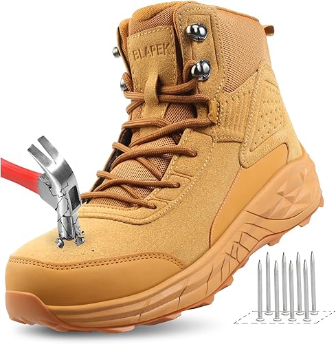 Blapek Steel Toe Boots for Men Puncture Resistant Work Shoes Slip Resistant Leather Safety Sneakers Lightweight Breathable Comfortable Industrial Footwear