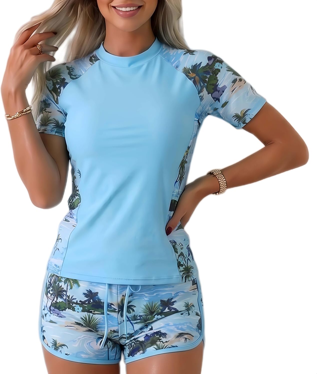 Women Rash Guard Swimsuit UPF 50 Short Sleeve Bathing Suit With Shorts