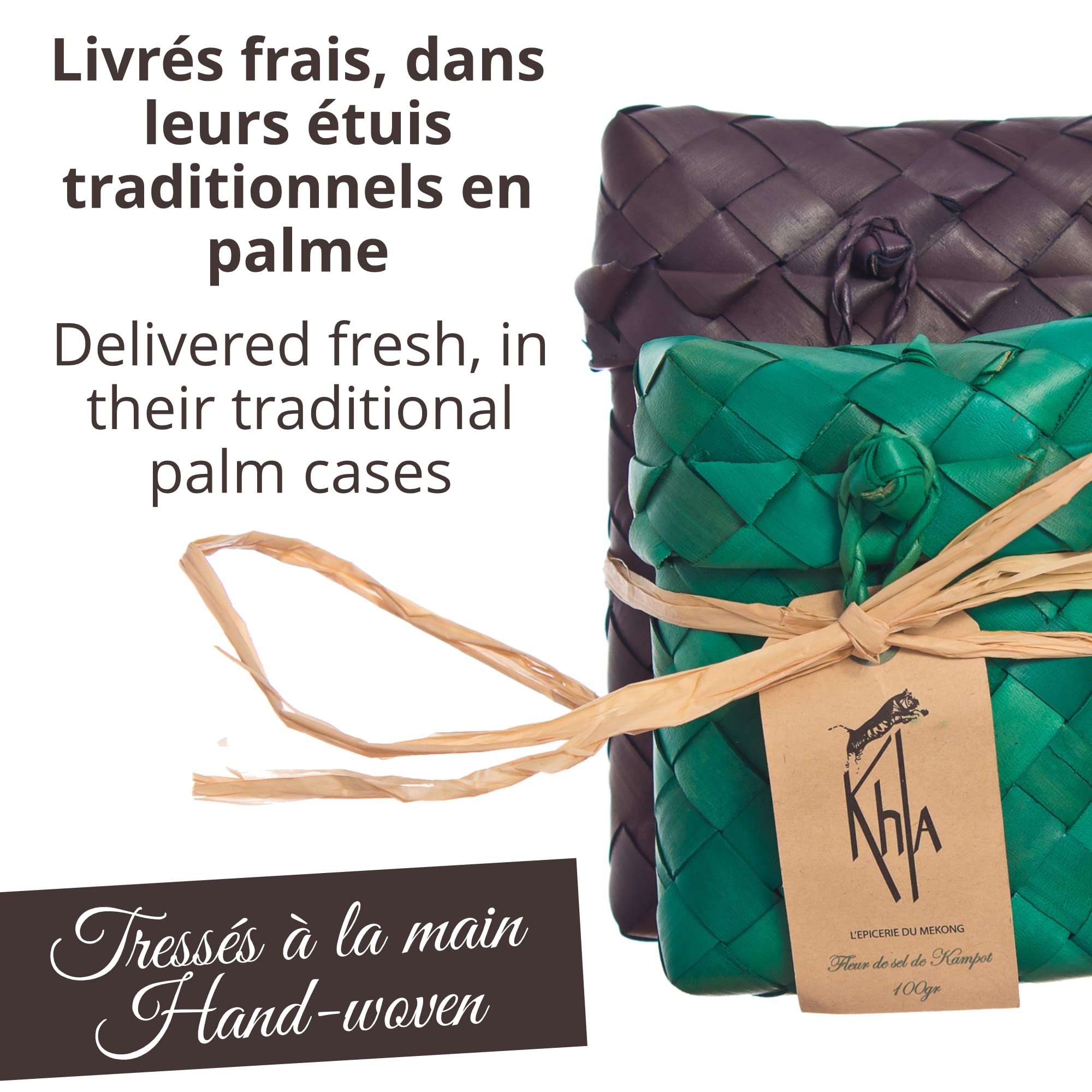 KHLA - Duo Pimienta negra de Kampot y Flor de sal de Kampot - Embalaje Tradicional en Hojas de Palma - 2x 100g