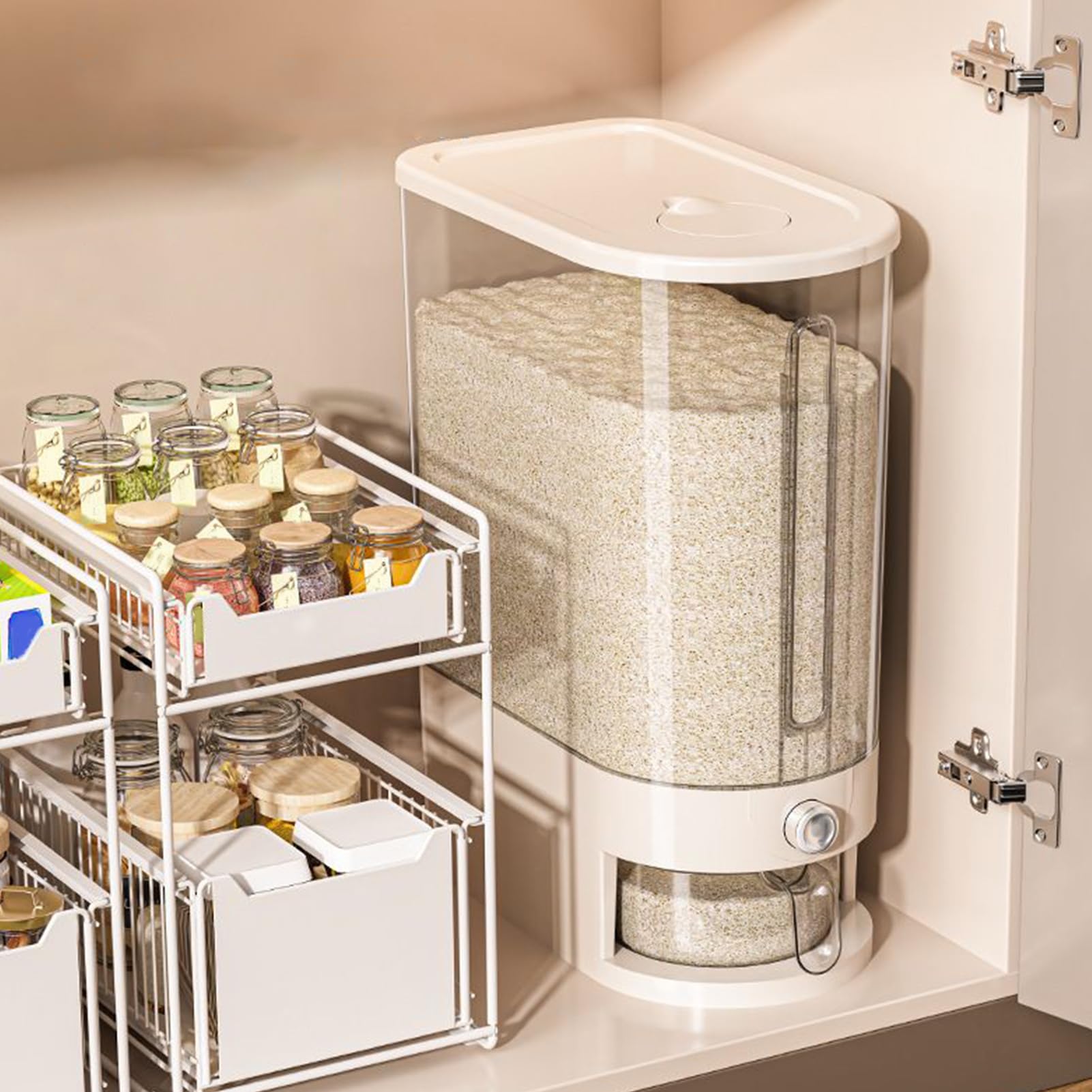 Dispenser per riso, 10 kg, contenitori per cereali e farina, cereale, con misurino, secchio sigillato a prova di umidità per dispensa e ristorante, congelatore all'aperto
