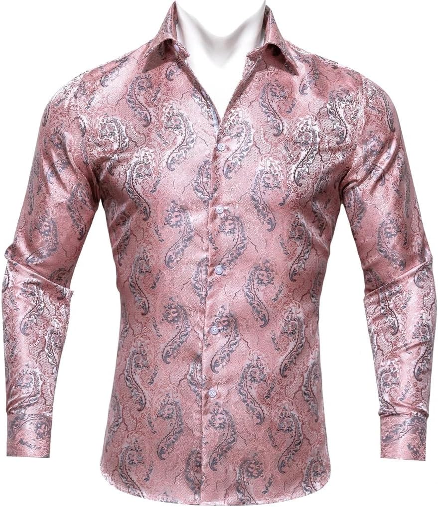 Silk Shirts for Men Floral Turn-Down Collar Long Sleeve Embroidered Casual Fit Party Wedding