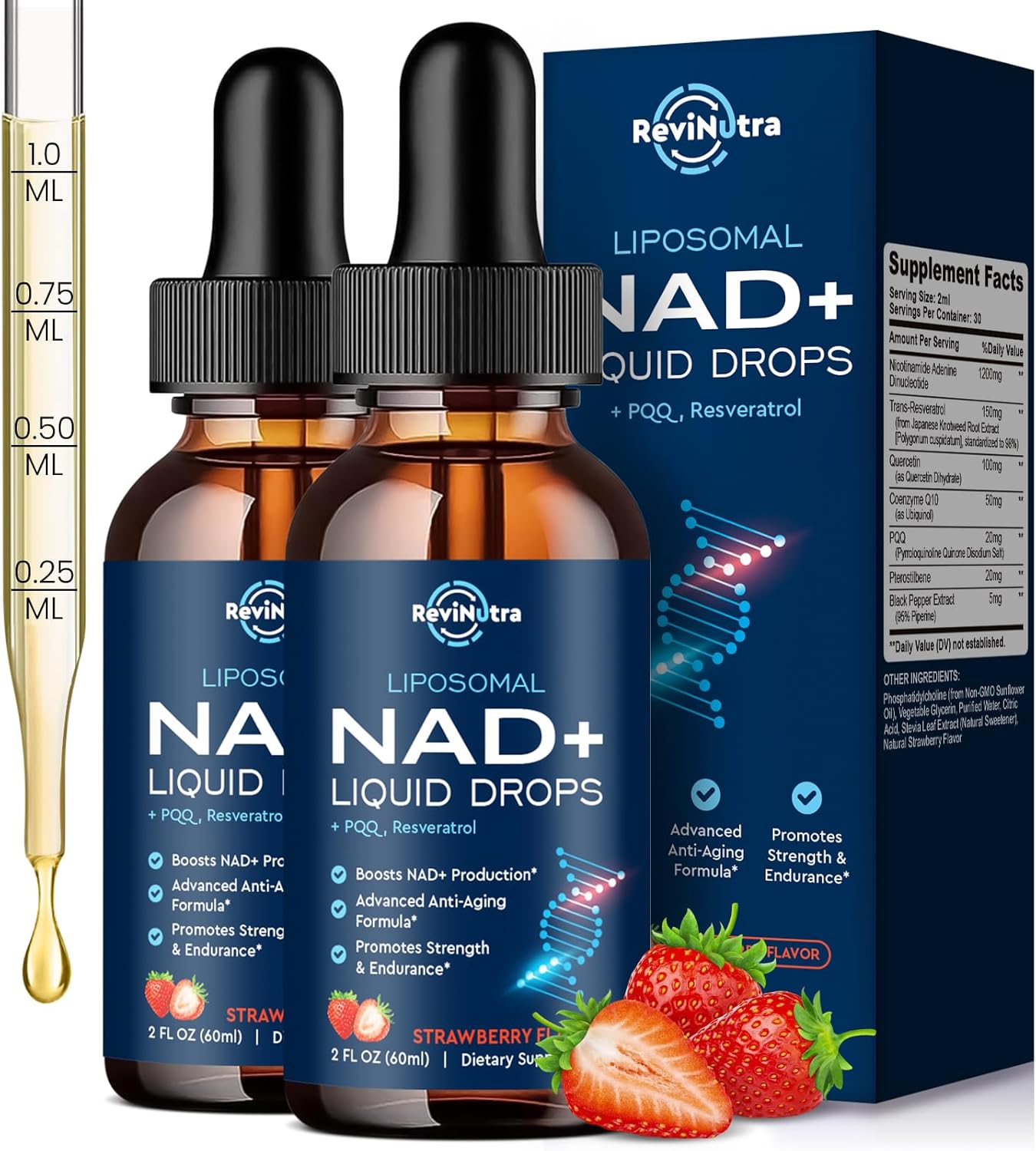 Liposomal NAD Supplement - 1200mg NAD+ Liquid Drops for Women & Men, Nicotinamide with Resveratrol, PQQ, CoQ10, Quercetin for Anti-Aging, Brain & Cellular Mitochondrial, Strawberry 4 Fl Oz