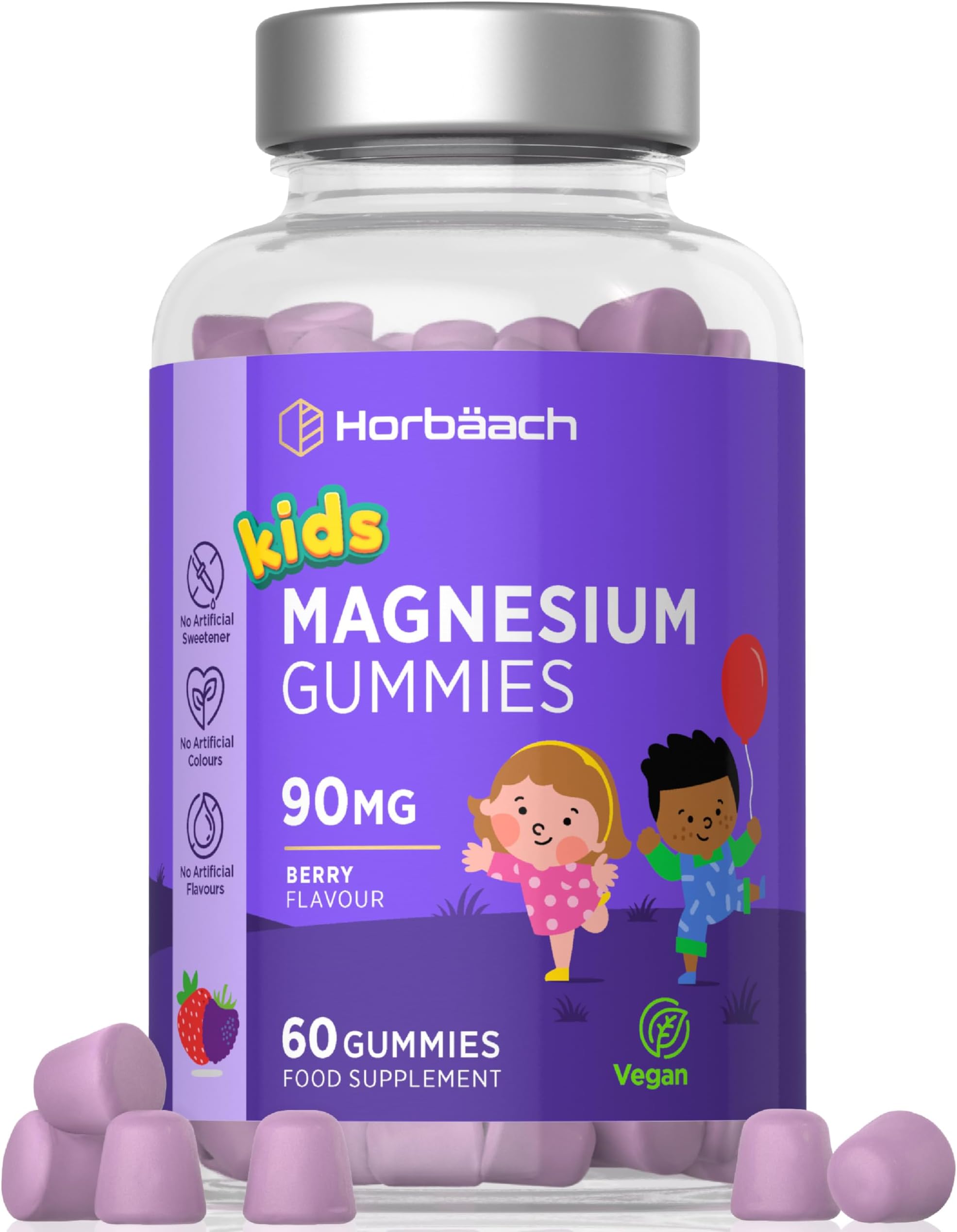 Kids Magnesium Gummies | 5400mg Magnesium Citrate Per Bottle | 2 Month Supply | 90mg x 60 Berry Flavoured Gummies | Vegan Supplement for Children | By Horbaach