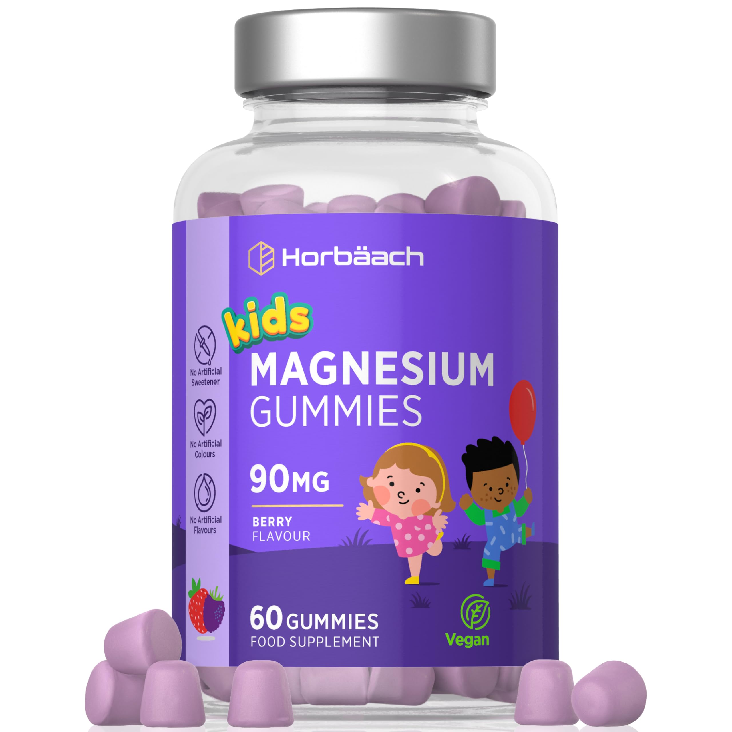Kids Magnesium Gummies | 5400mg Magnesium Citrate Per Bottle | 2 Month Supply | 90mg x 60 Berry Flavoured Gummies | Vegan Supplement for Children | by Horbaach