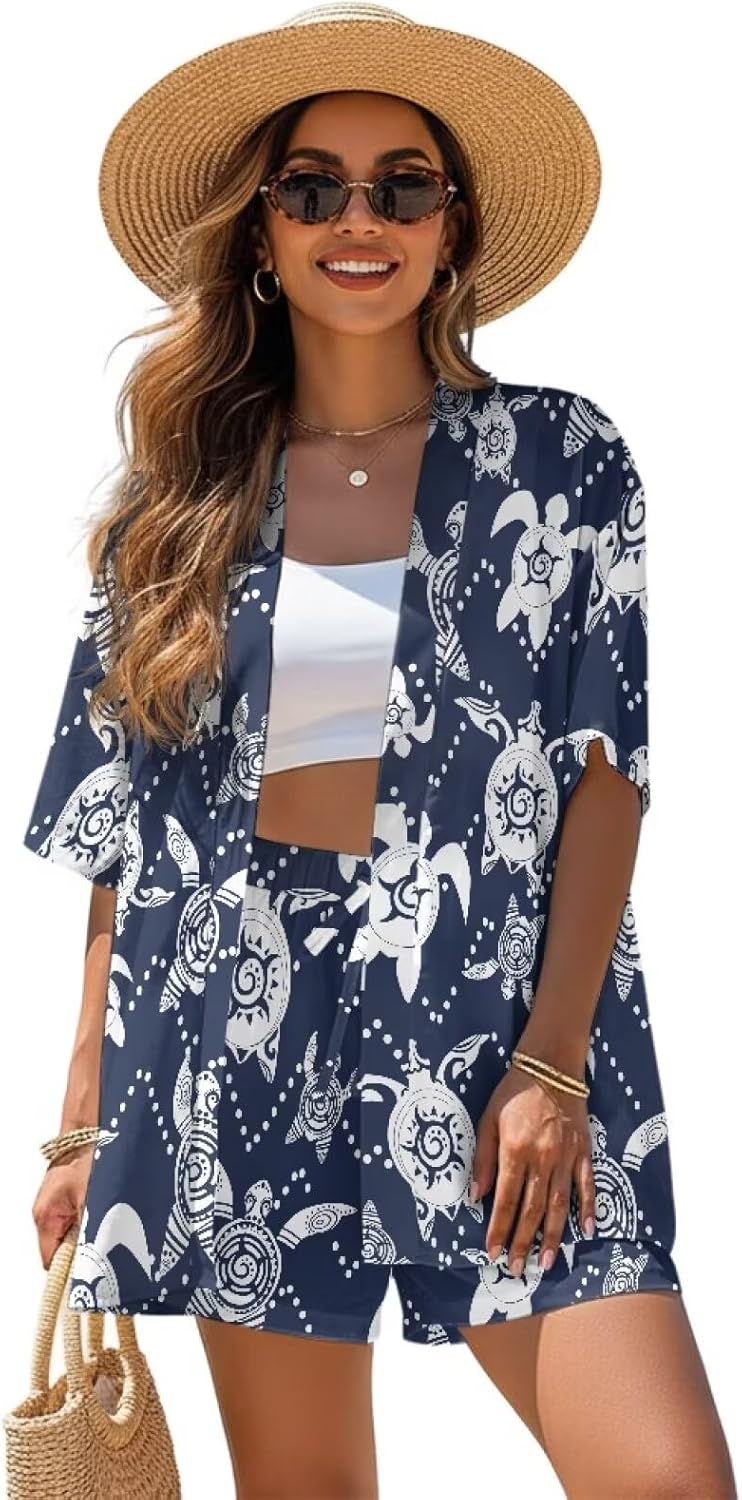 Trendy 2 Piece Sets for Women S - XL Open Front Shirt and Shorts for Summer Beach Resort Cruise Wear