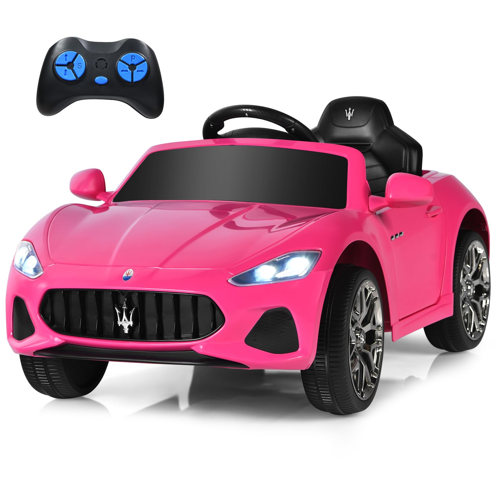 GLACER Kids Ride On Car, Licensed Maserati 12V Battery Powered Ride On Toy w/Remote Control, Lights, Horn, Music, FM, MP3, 4 Wheels Suspension, 2 Speeds, Pink Electric Car for Toddlers Girls Boys