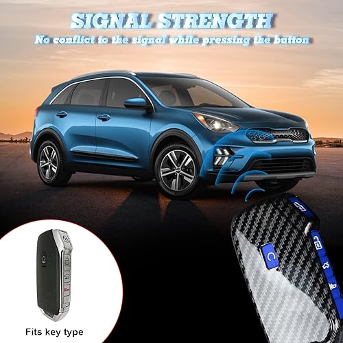 Miniatura 5 de Xotic Tech - Funda para llavero de plástico ABS con diseño de fibra de carbono, color negro brillante, con funda de botón de silicona azul,