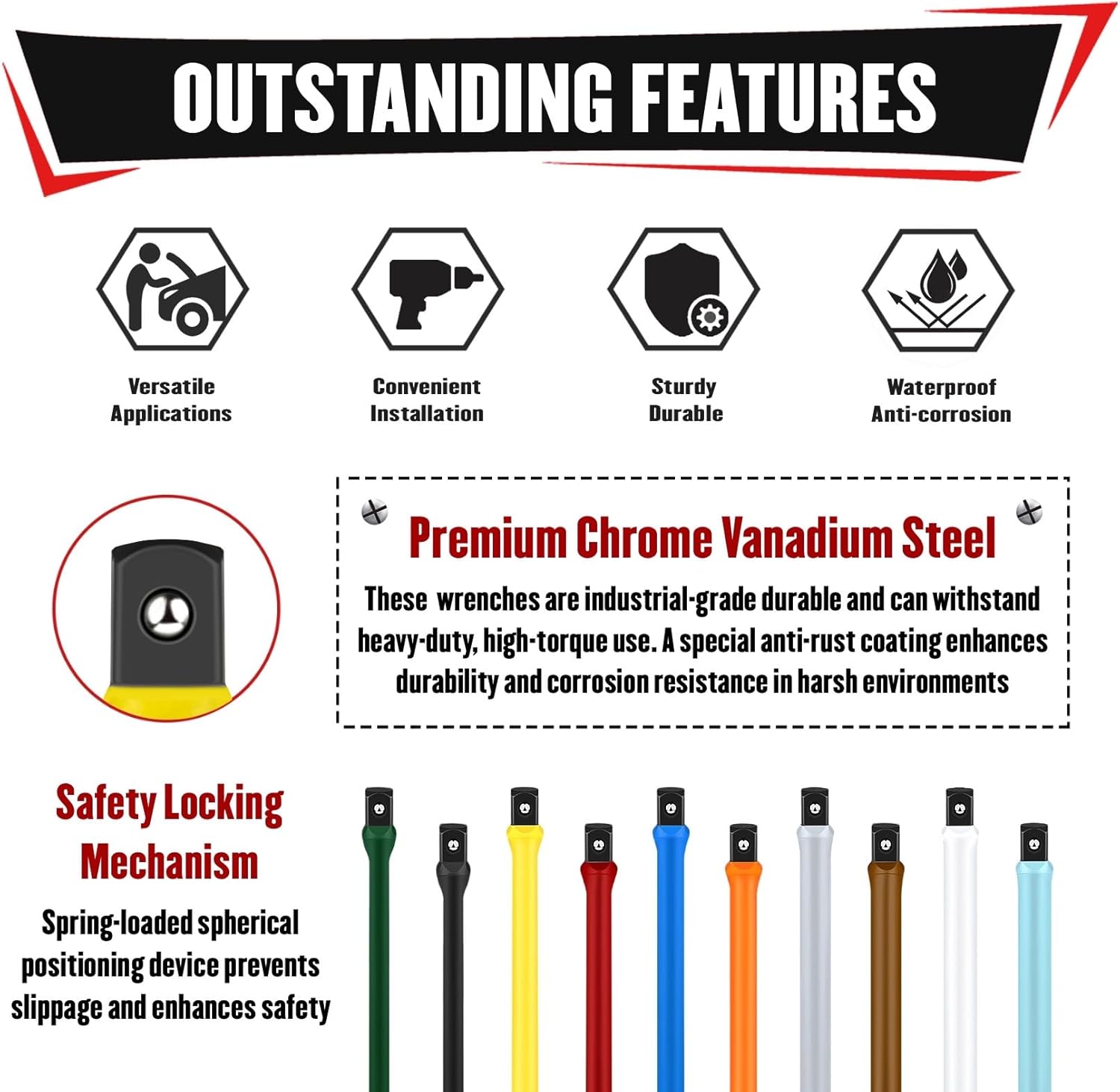 YIYITOOLS 10Pcs 1/2" Drive Torque Limiting Extension Bar Set, 8" Long Torque Sticks (65-150 Ft-Lbs), Impact Socket Extensions with Storage Case, Color-Coded, for Lug Nuts, Tire Repair