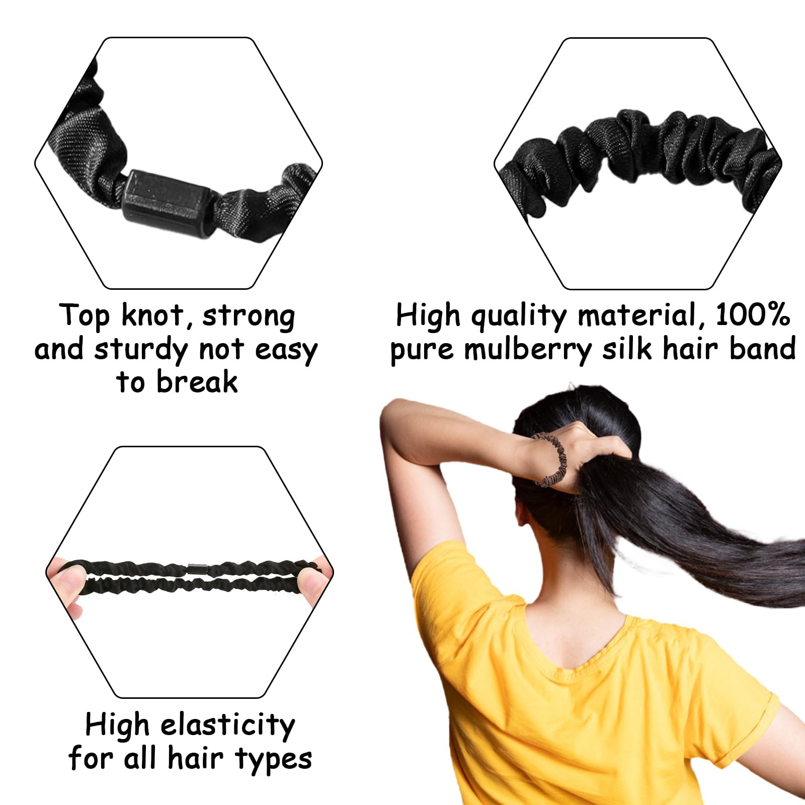 Silk Skinny Scrunchies Set 20 PCS 100% Pure Mulberry Silk Hair Ties Elastics Satin Hair Bands Girls Silk Bobbles Ponytail Holders Sleepy Hair Accessories No Damage for Curly Long Hair (Black - Image 3