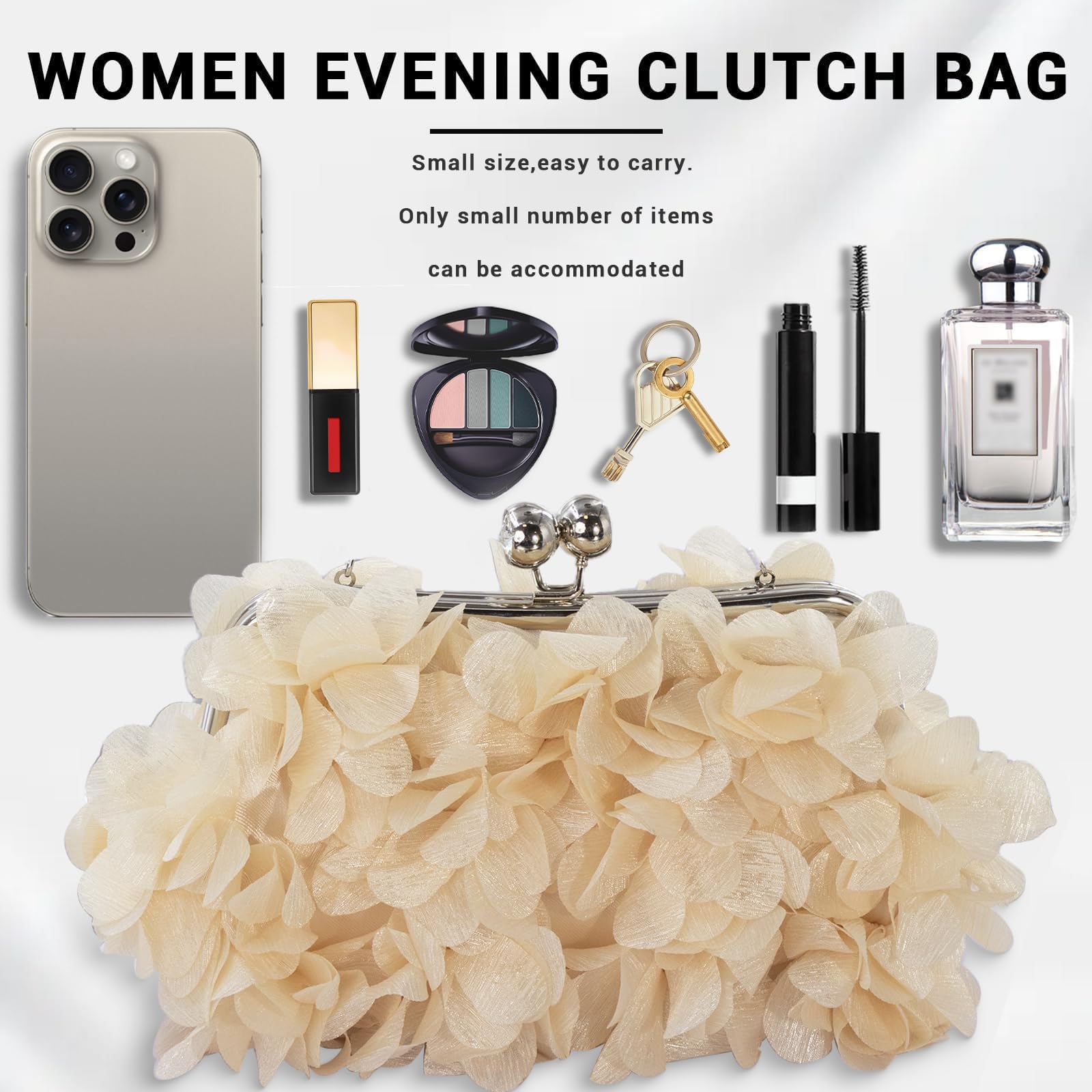 JAMBHALA Women Elegant Evening Purse, Small Floral Clutch Bag with Detachable Chain for Wedding, Party, Prom: Champagne