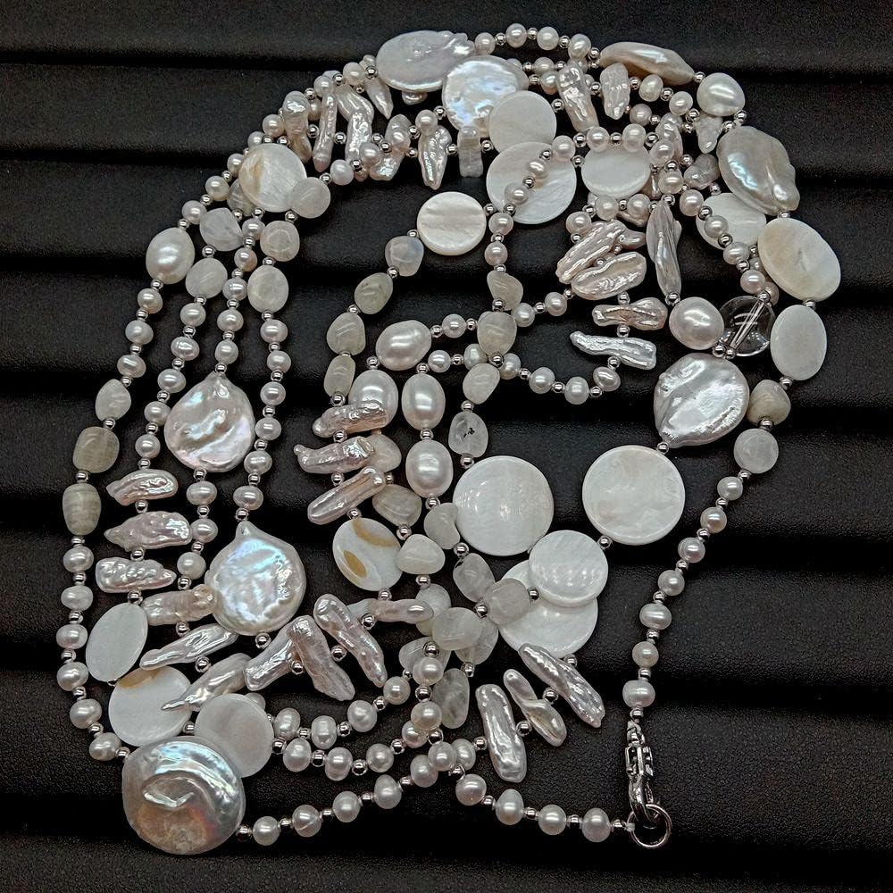 4 Strands Cultured White Biwa Freshwater Pearl Coin Pearl Moonstone freeform Shell Necklace 28"
