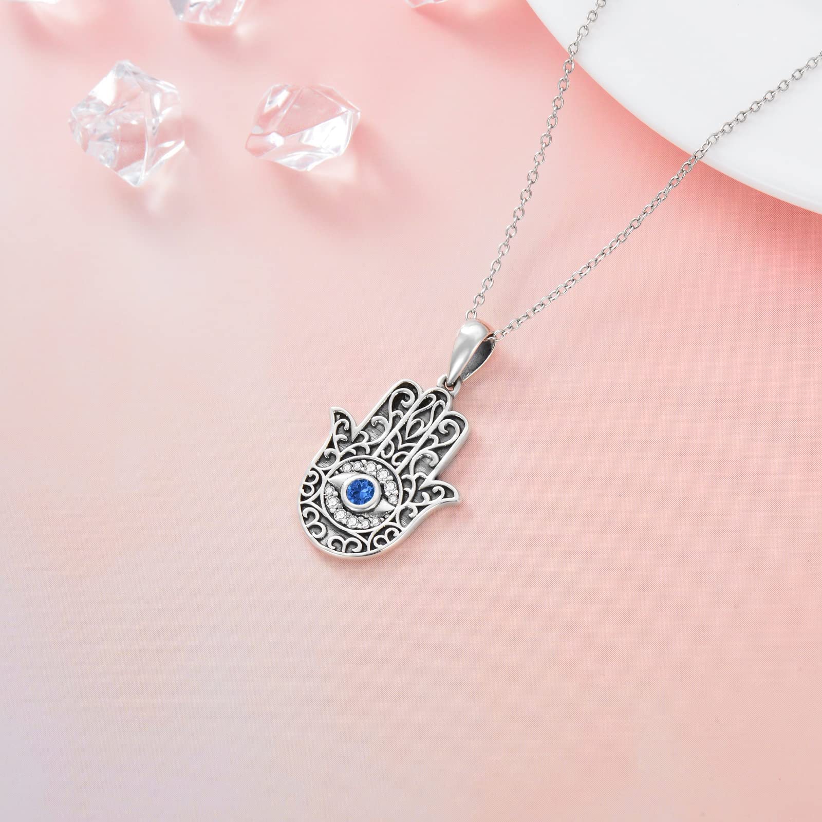 Collar contra el mal de ojo con cristal de plata de ley 925 con colgante de mano de Hamsa, sol y mal de ojo, regalo para mujeres y hombres