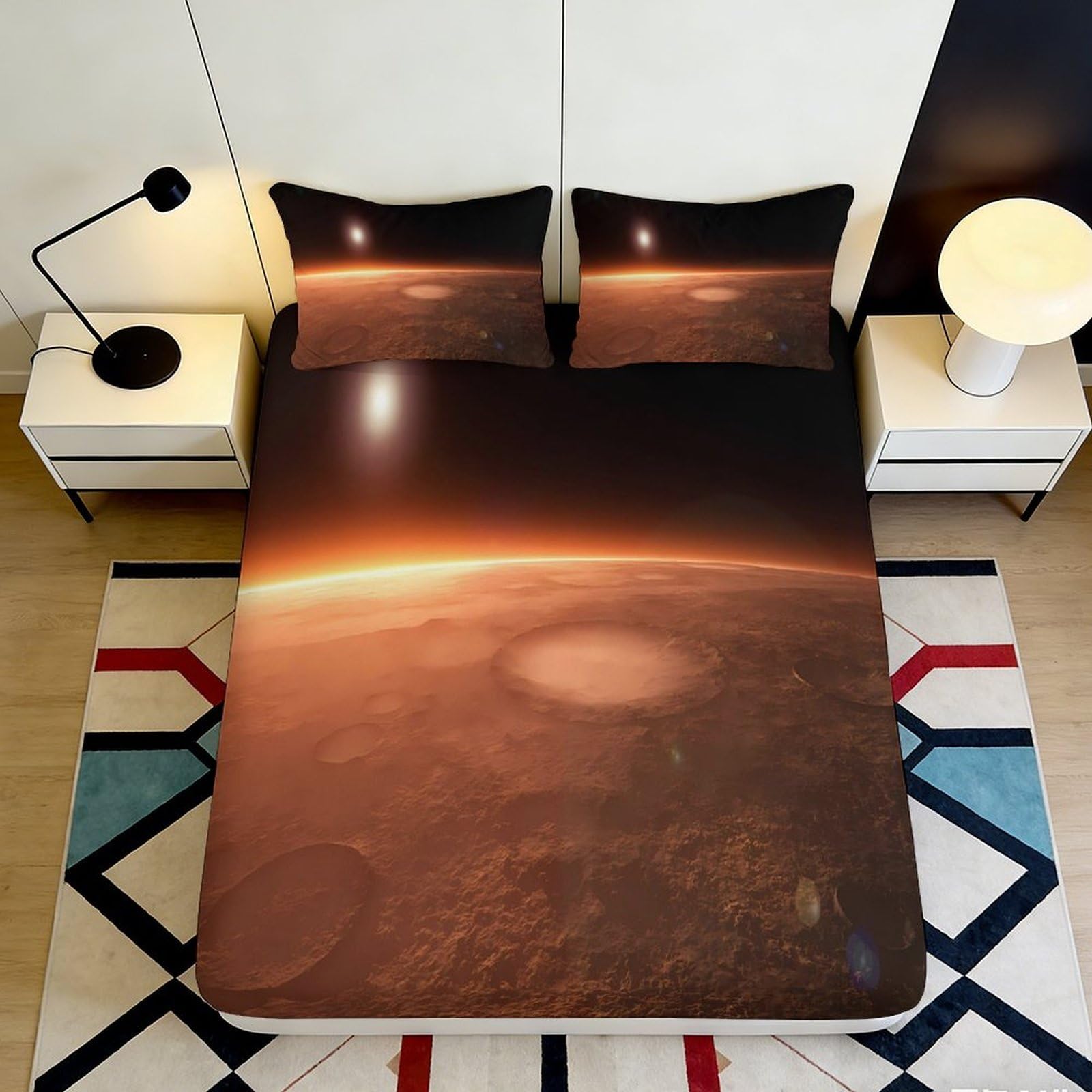 3D Printed Planet Pattern Microfiber Deep Pocket Fitted Sheet Bedroom Bedding Planet Mattress Fitted Cover Full Wrap Non-Slip Washable 140x200x25cm