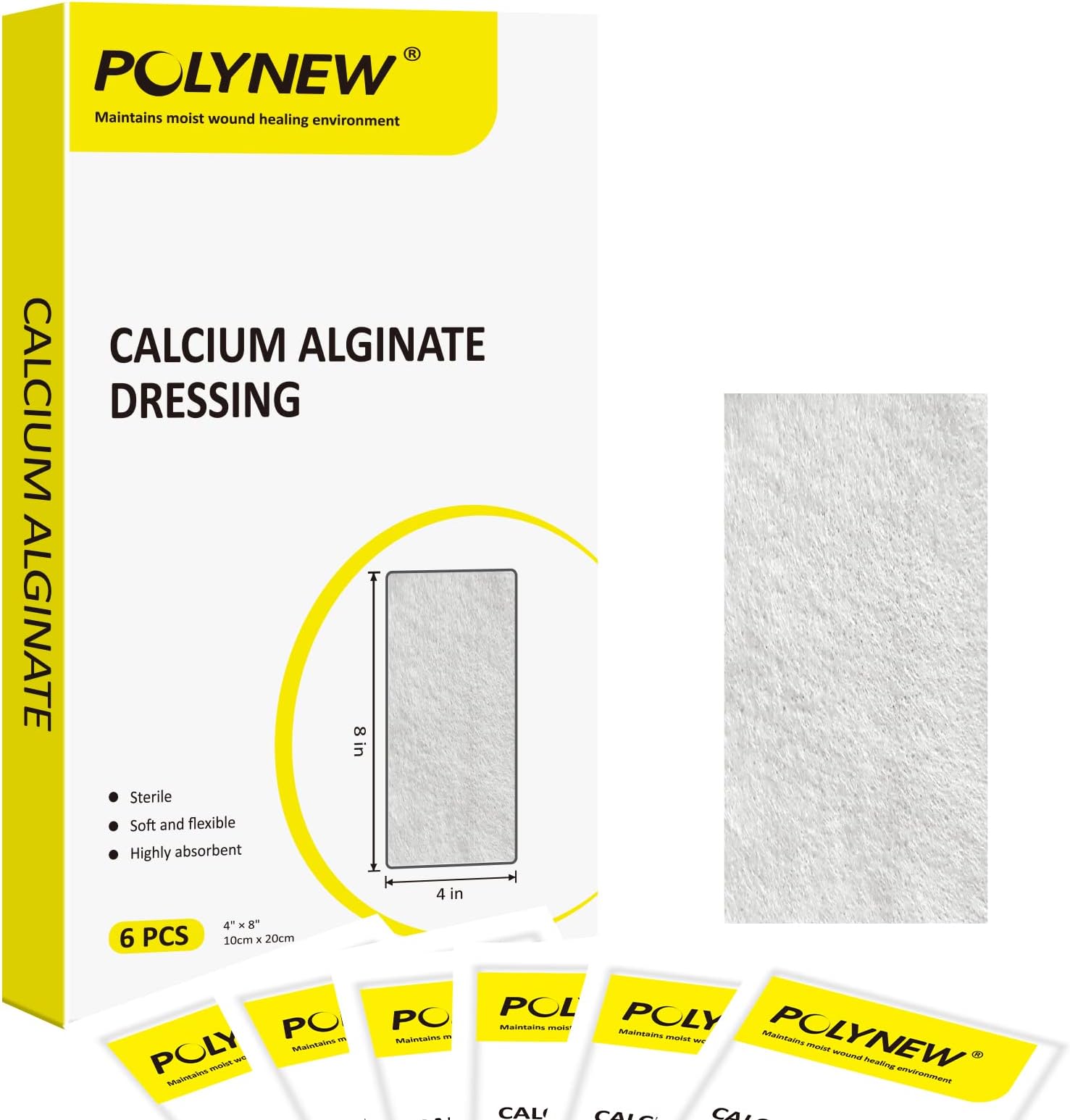 Calcium Alginate Wound Dressing, 4"x8"-6 Individual Package, Non-Stick, Soft and Flexible Highly Absorbent Wound Dressing Pads for Burns, Ulcers, Skin Abrasions, Exudate Wounds