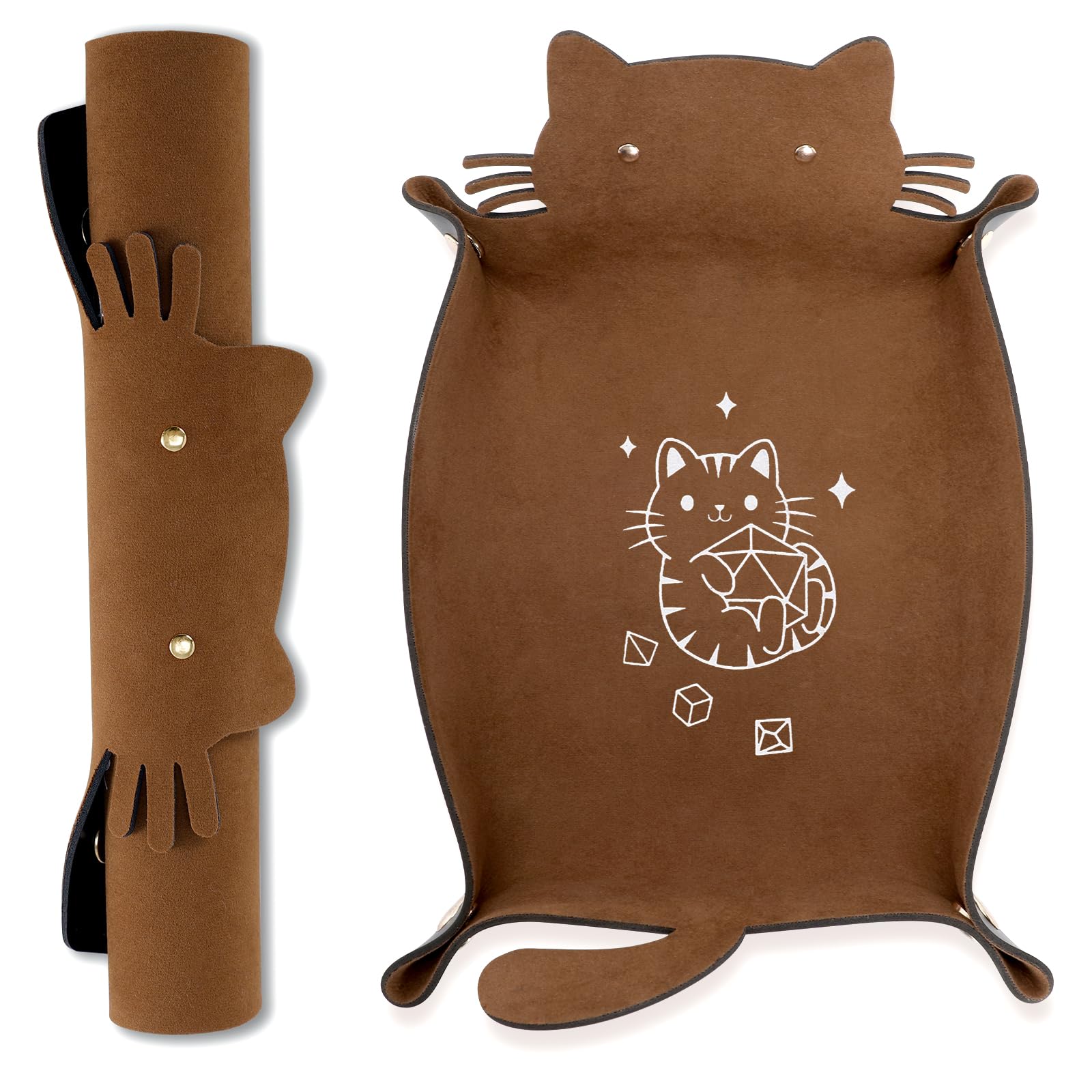 Würfeltablett mit Katzenmotiv, Faltbarer Würfelhalter aus Leder, tragbarer Würfelaufbewahrungs-Organizer, lustiges Geschenk für DND-RPG-Spieler (Braun)