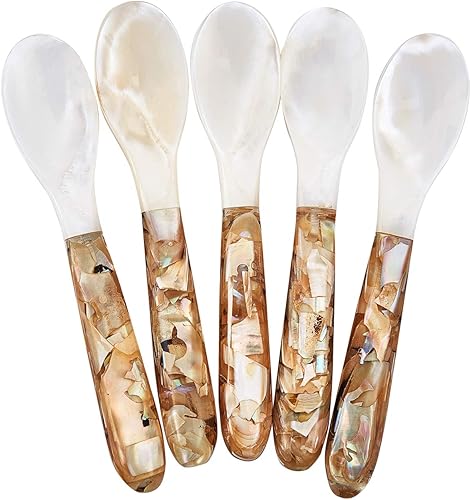 DUEBEL Juego de 5 cucharas de caviar de madre perla rosa para caviar, huevo, helado, café (rosa, 4.9 x 1.0 in)