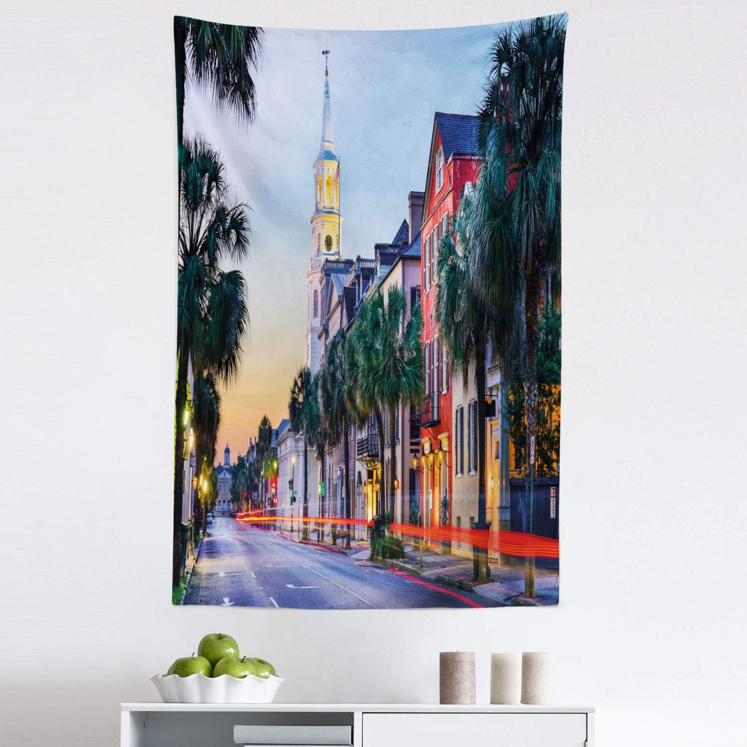 Ambesonne Charleston Tapestry King Size, USA Cityscape in Historic French Quarter at Sundown Southern Tourist Attraction, Wall Hanging Bedspread Bed Cover Wall Decor, 104" X 88", Multicolor
