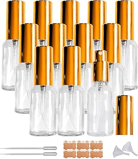 BEGIKET 12 Pack 1oz Clear Glass Spray Bottles for Essential Oils, Small Spray Bottle, Fine Mist Spray, Gold Sprayer,for Tr...