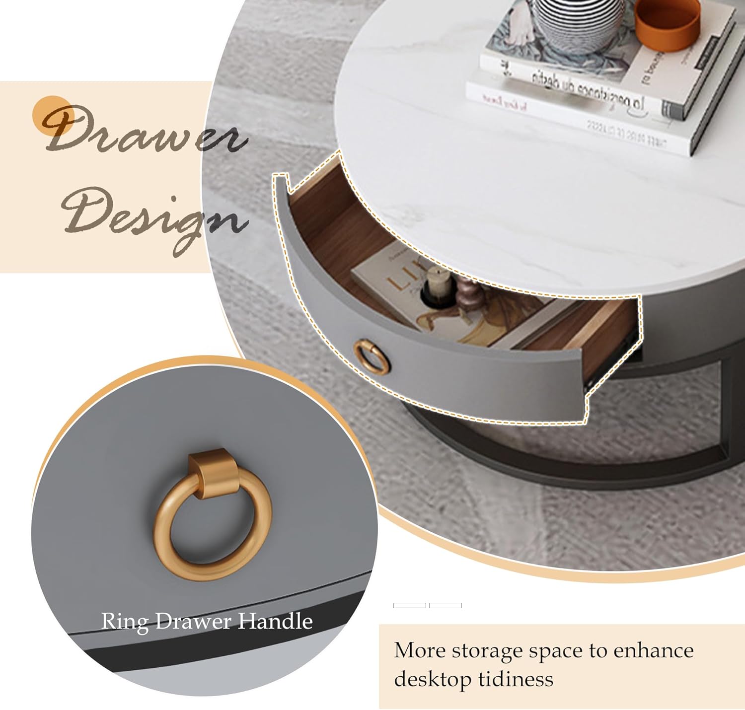 Jerry & Maggie Nesting Coffee Table Set of 2, Round Glass Top Tables for Living Room with Storage Drawer, 27.5” Modern Small Space Friendly Furniture (Black/White Marble)