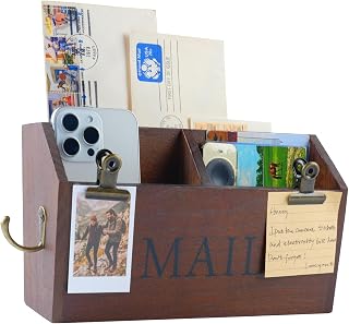 DLQuarts Solid Wood Mail Organizer Countertop or Wall Mounted, Rustic Brown | Wooden Mail Sorter with 3 Slots, Key Holder Hook & 2 Picture Clips, Desktop Mail Holder & Office Desk Organizer for Entryway