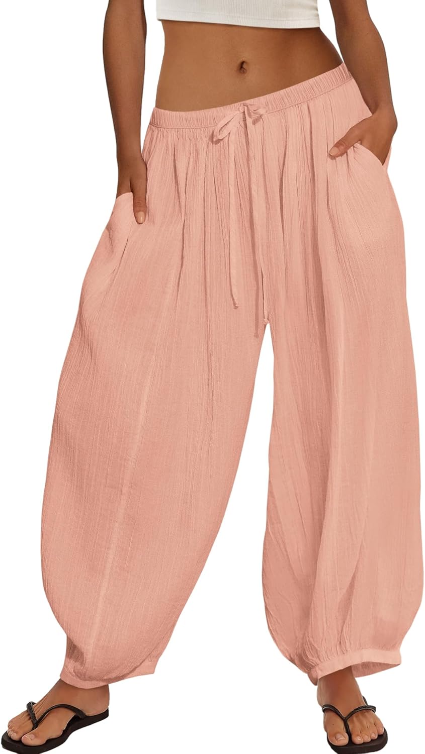 Yanekop Womens Beach Harem Pants Summer Palazzo Pants Flowy Sheer Wide Leg Trousers Vacation Clothes with Pockets - Image 2