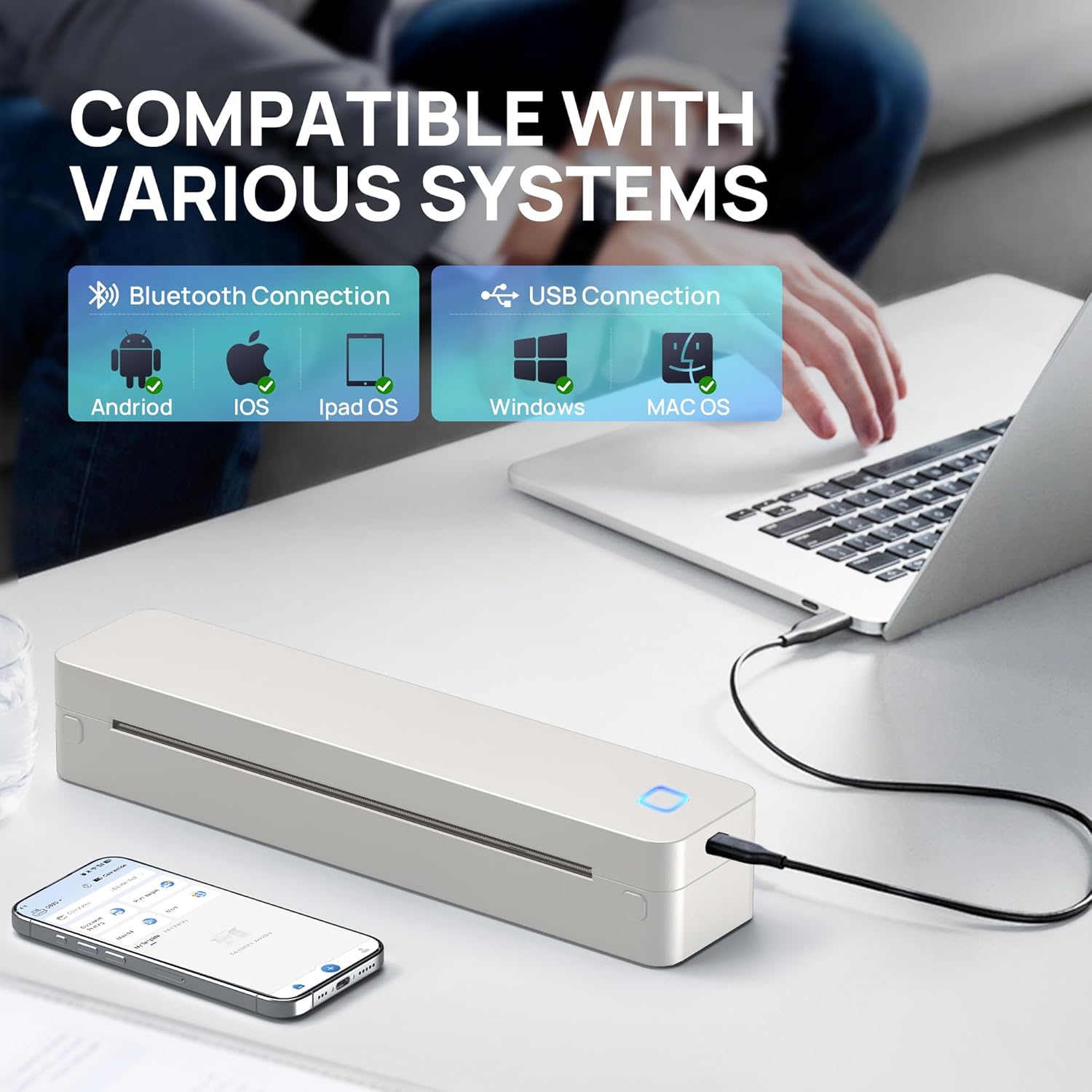 D830 Portable Printer Wireless for Travel, Supports 8.5 x 11 Inch Thermal Paper, Bluetooth Compatible with iOS, Android, Laptop, Beige