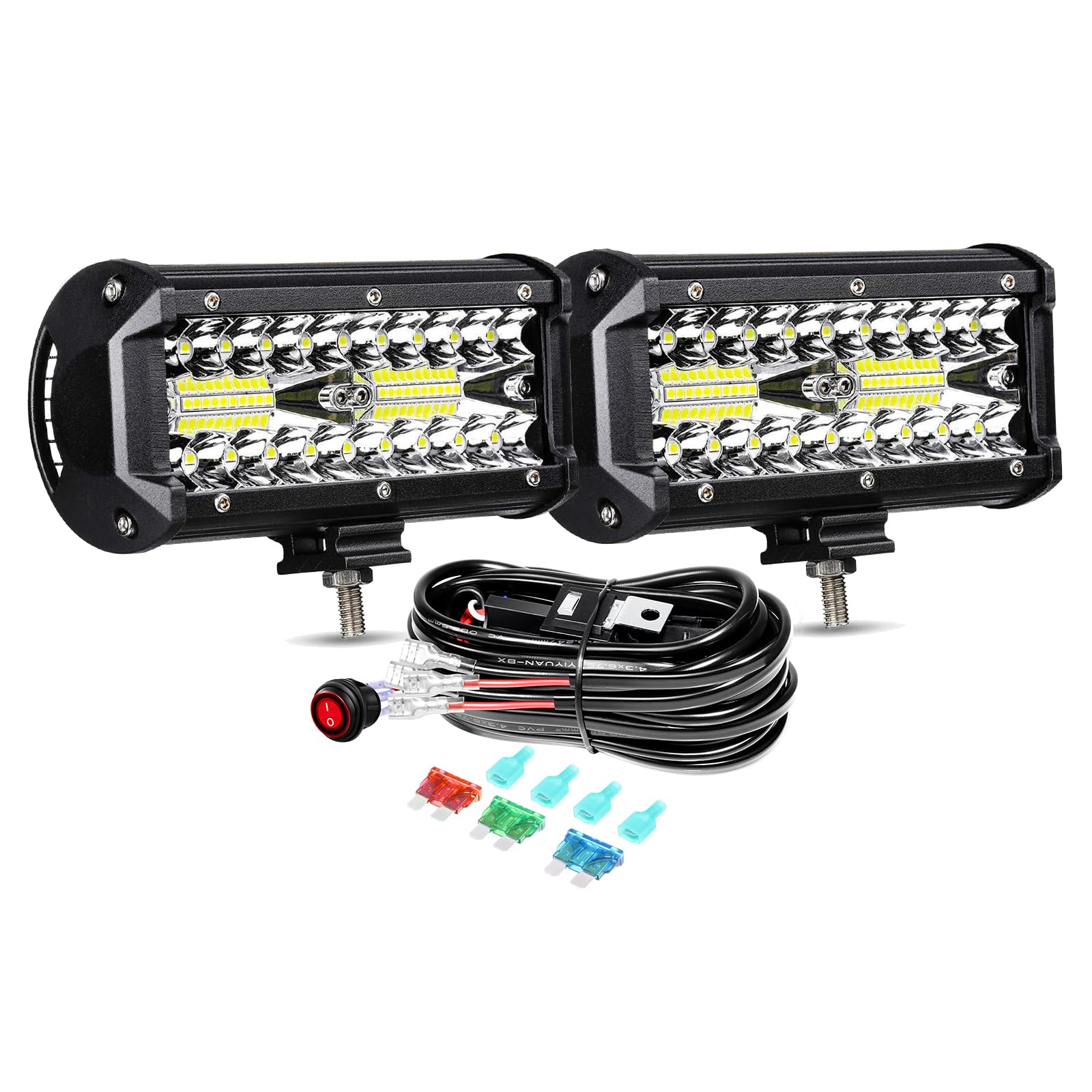 PICAA 2x 7 cali 120W listwa świetlna LED 4x4 z zestawem wiązki przewodów 12V, potrójne rzędy punktowe i powodziowe światła robocze, wodoodporna lampa przeciwmgielna do samochodów terenowych ciężarówek