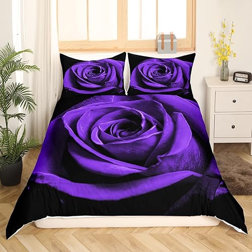 Miniatura 3 de Juego de funda de edredón de rosas moradas, tamaño King, juego de ropa de cama floral con estampado 3D de flores para mujer, juego de funda de