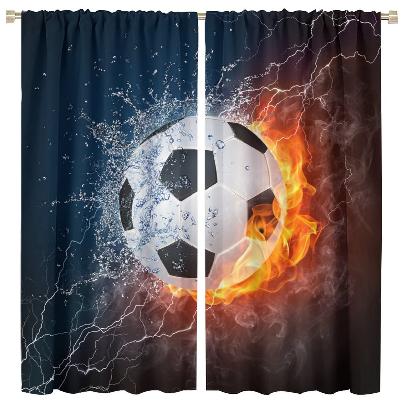 JESTRONRY Boys Football Sport Curtains,Fire Ball Water Flame Splashing Sports Theme Room Darkening Door Window Rod Pocket Curtain for Living Room Kids Teens Bedroom Decor W42xL45in