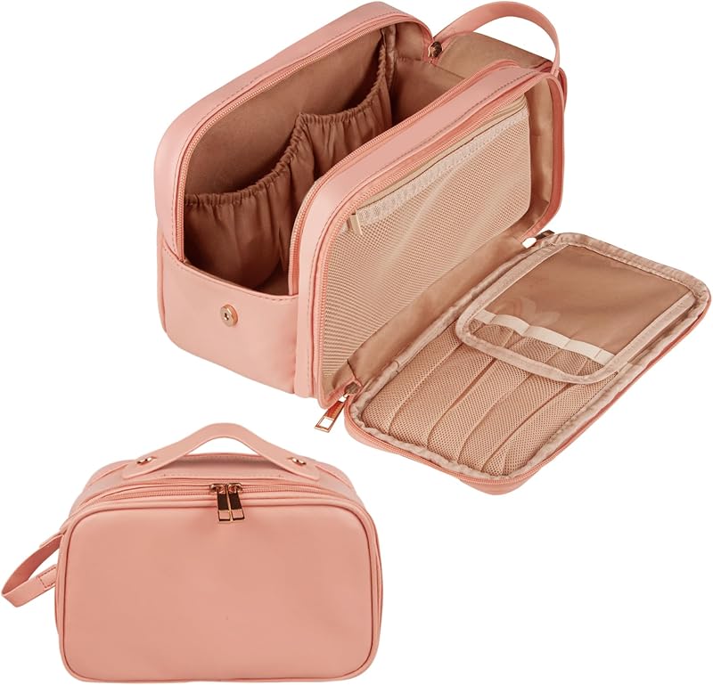 Necessaire de viagem Ebbniur em couro PU, rosa, com zíper duplo e compartimentos