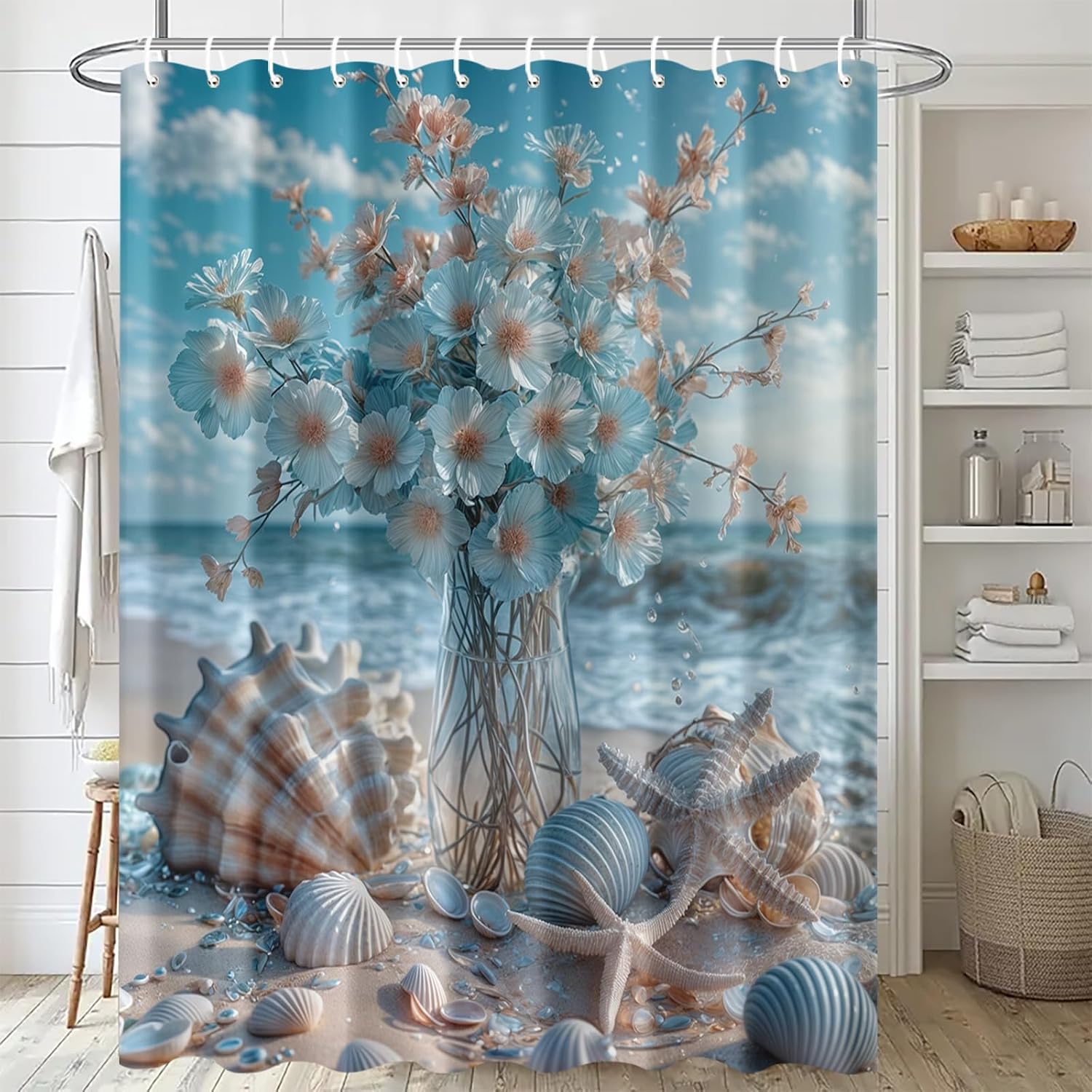 Ocean Beach Seashell Shower Curtain 72x72 Inch Coastal Floral Bathroom Decor Summer Nautical Sea Star Style for Home Tub Stall