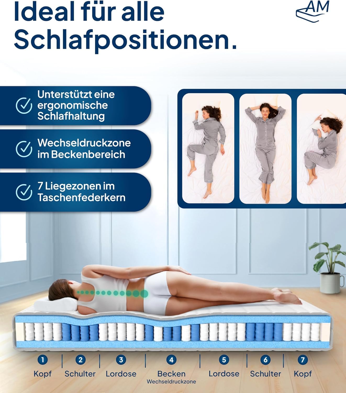 AM Qualitätsmatratzen 7-Zonen Taschenfederkernmatratze 90x200cm H3 - Made in Germany - Ergonomische Matratze 90x200 H3 mit waschbarem Bezug - Oeko TEX - Federkernmatratze H3 90x200 21cm hoch